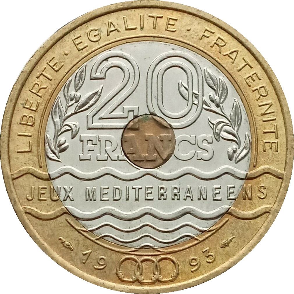 French | 20 Francs Coin | Mediterranean Games | KM1016 | France | 1993