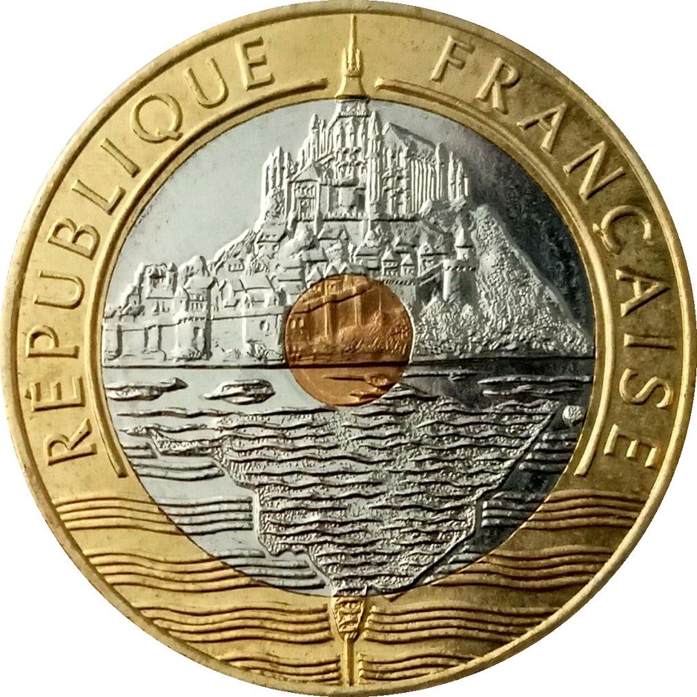 French | 20 Francs Coin | Mont Saint Michel tranche lisse | KM1008 | France | 1992 - 2001