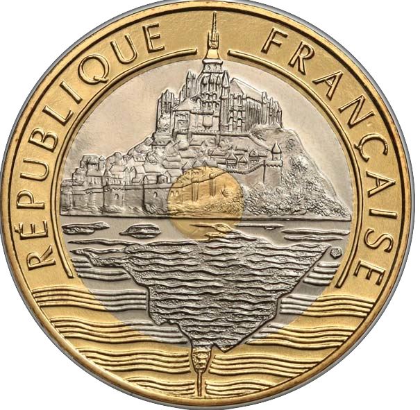 French | 20 Francs Coin | Mont Saint Michel tranche lisse | KM1008 | France | 1992 - 2001