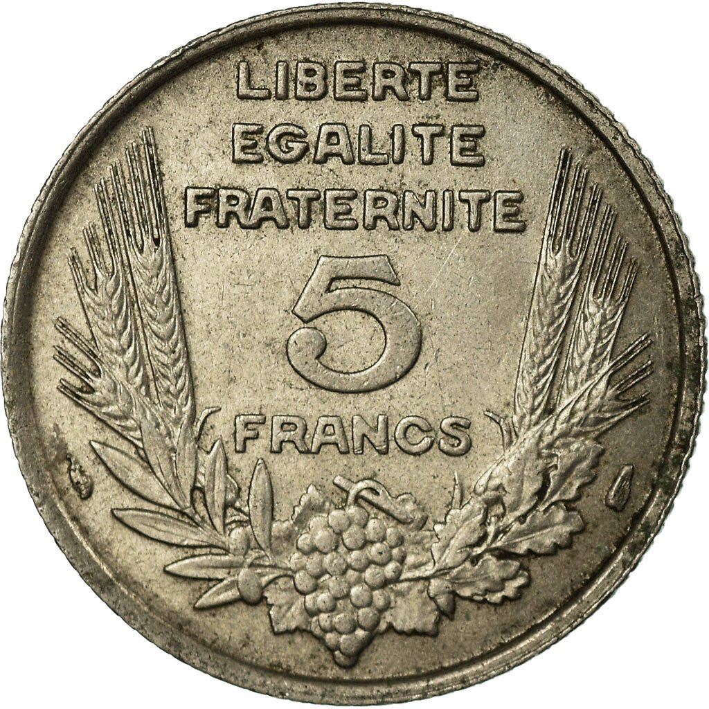 French 5 Francs Coin | Third Republic Bazor | KM887 | France | 1933