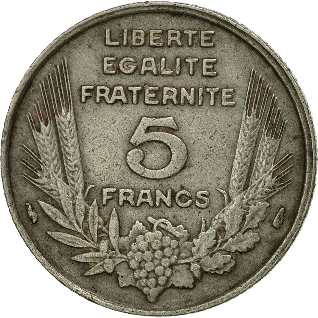 French 5 Francs Coin | Third Republic Bazor | KM887 | France | 1933