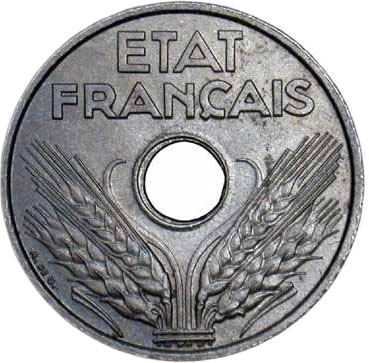 French Coin 20 Centimes | Vichy French State, Zinc, 20, light type | KM900.2 | France | 1943 - 1944