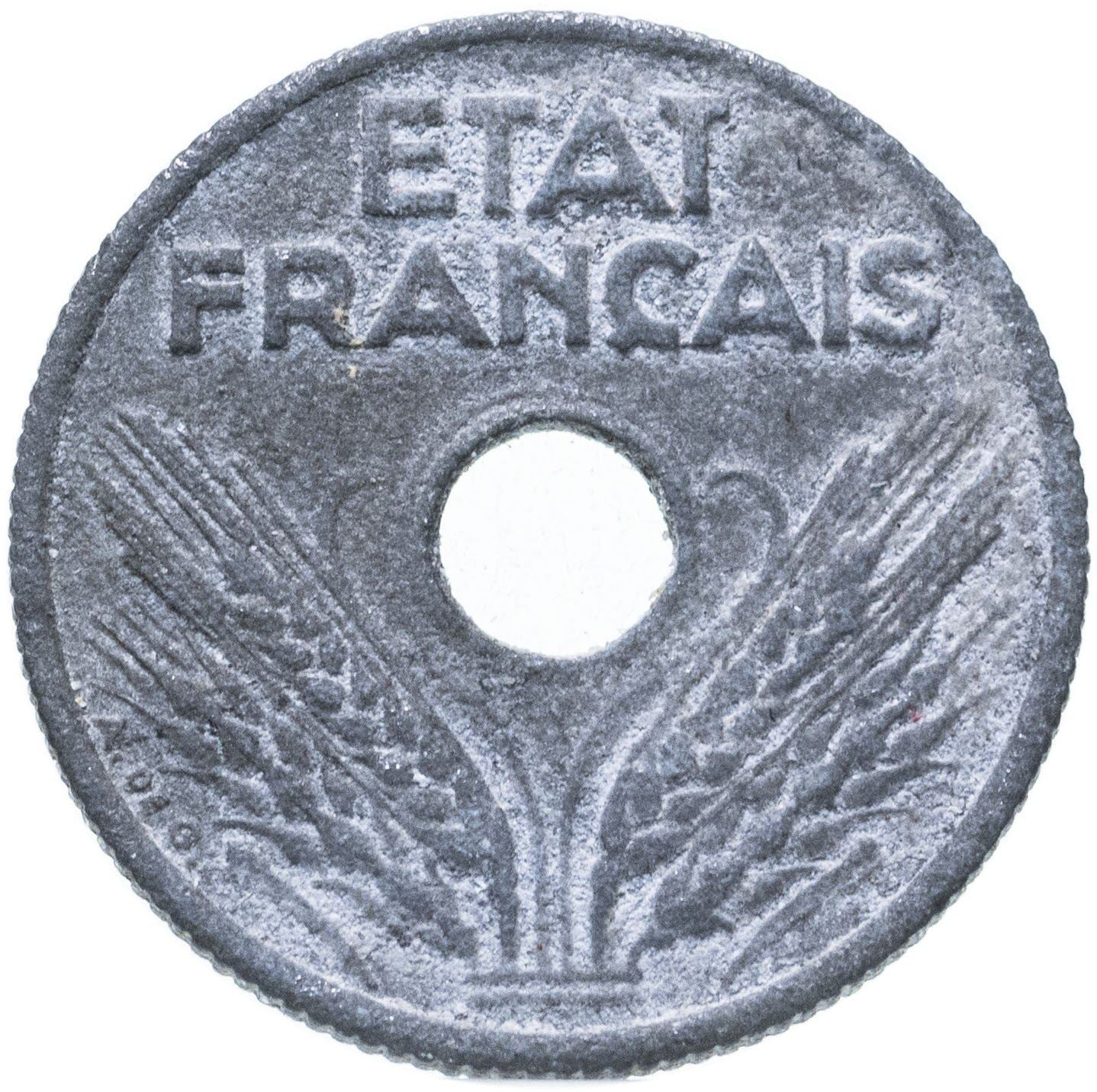 French Coin 20 Centimes | Vichy French State, Zinc, 20, light type | KM900.2 | France | 1943 - 1944