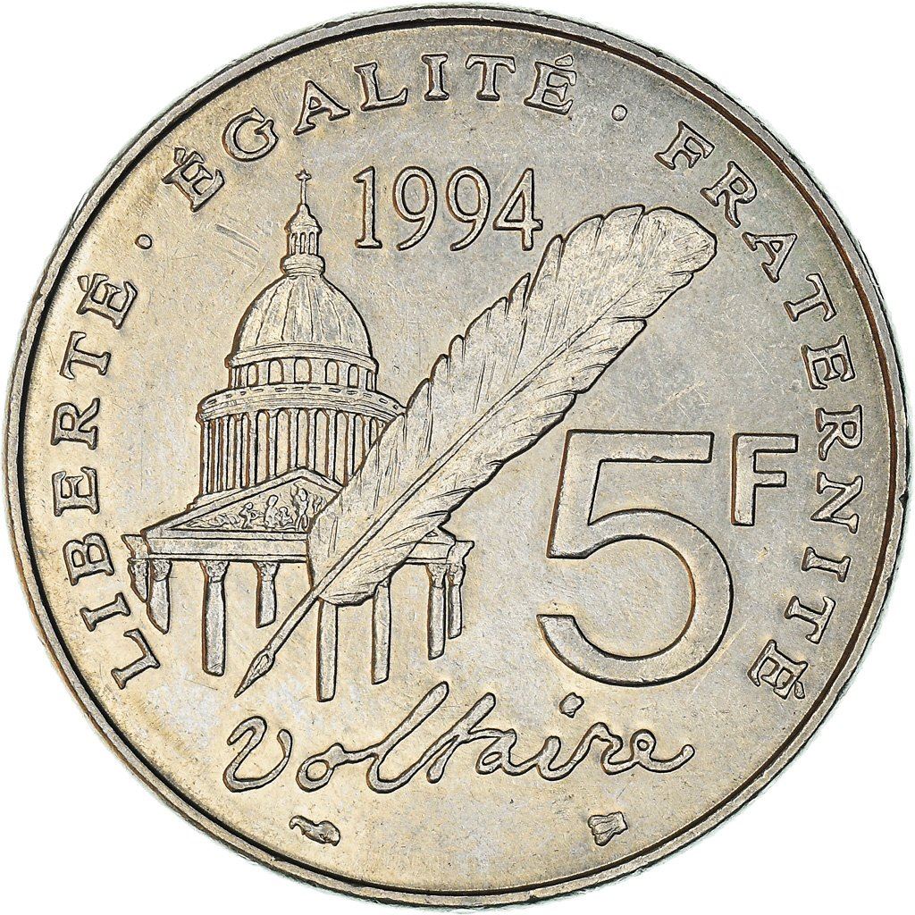 French Coin 5 Francs | Voltaire | KM1063 | France | 1994