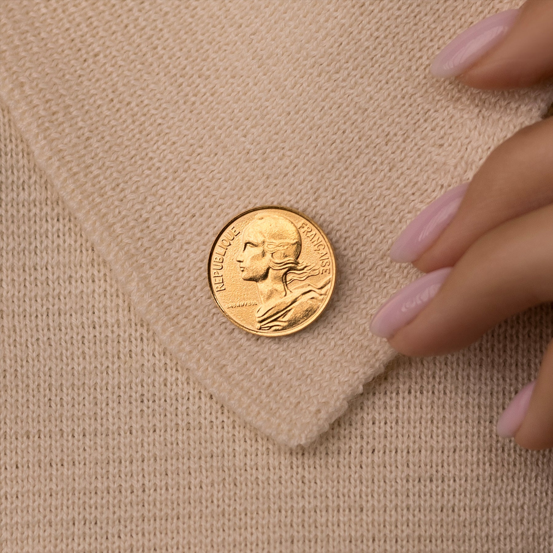 French Coin Pin Brooch Badge | Genuine 10 Centimes | 18K Gold Plated | Goddess of Liberty Equality Fraternity