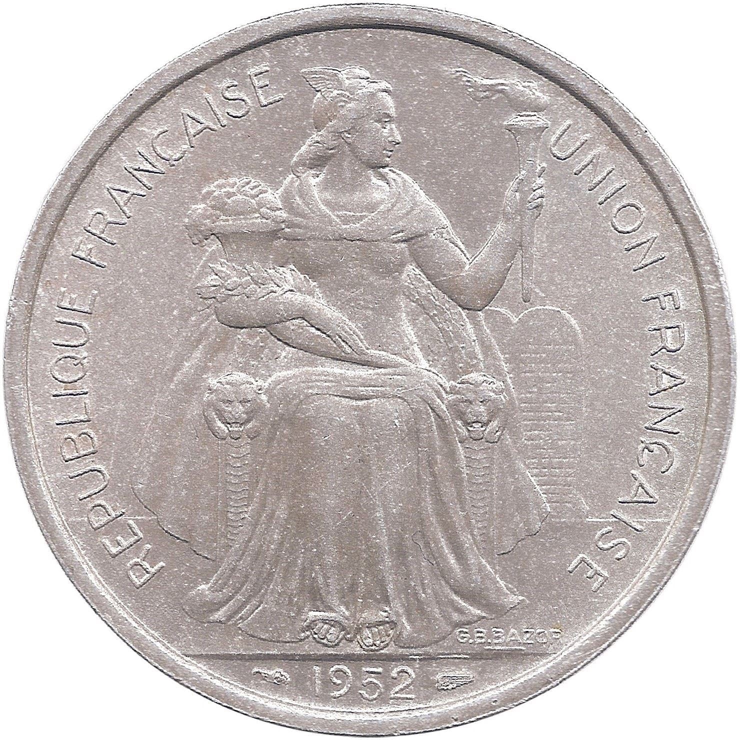 French Oceania Coin 5 Francs | Marianne | Winged Phrygian Cap | Palm Tree | Boat | KM4 | 1952