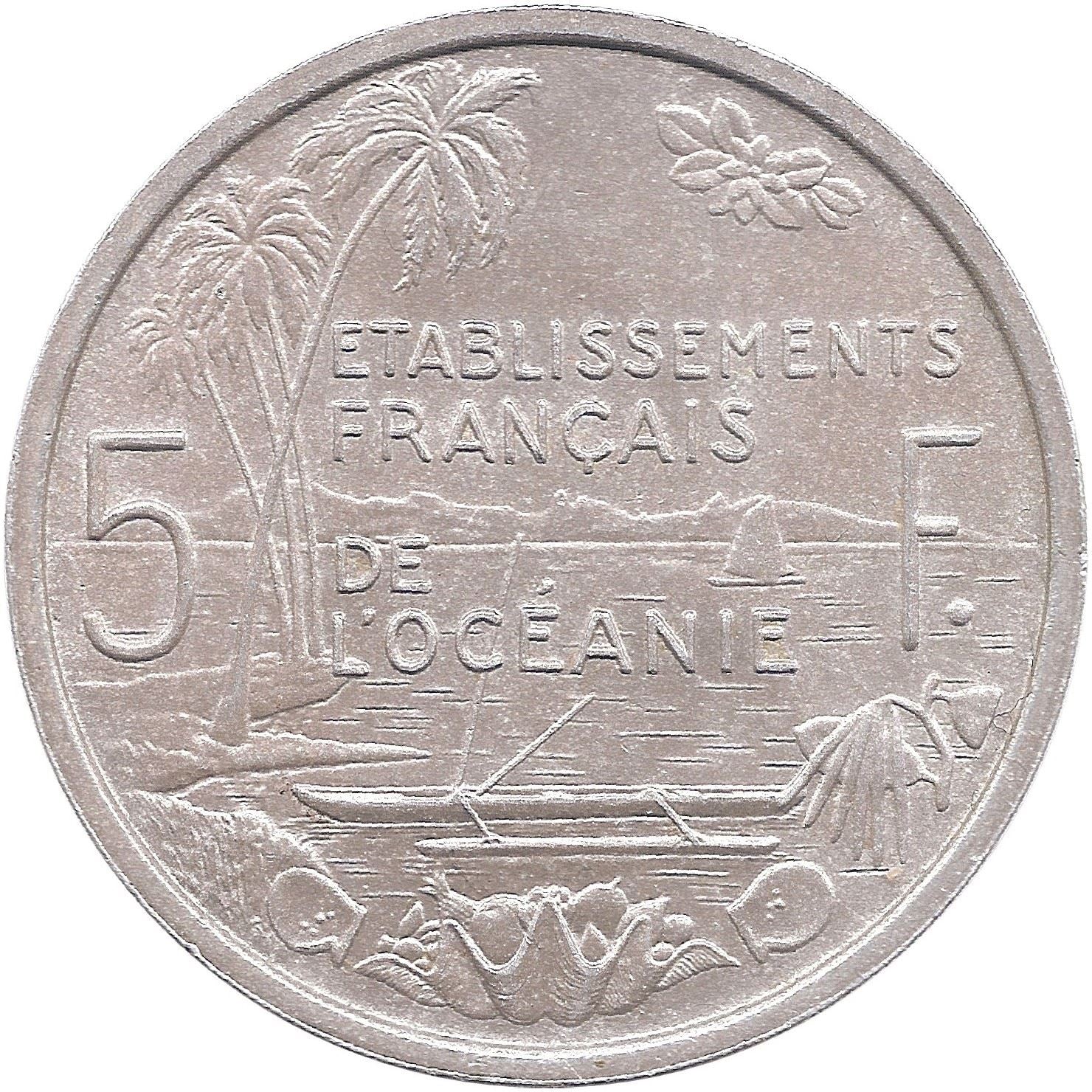 French Oceania Coin 5 Francs | Marianne | Winged Phrygian Cap | Palm Tree | Boat | KM4 | 1952