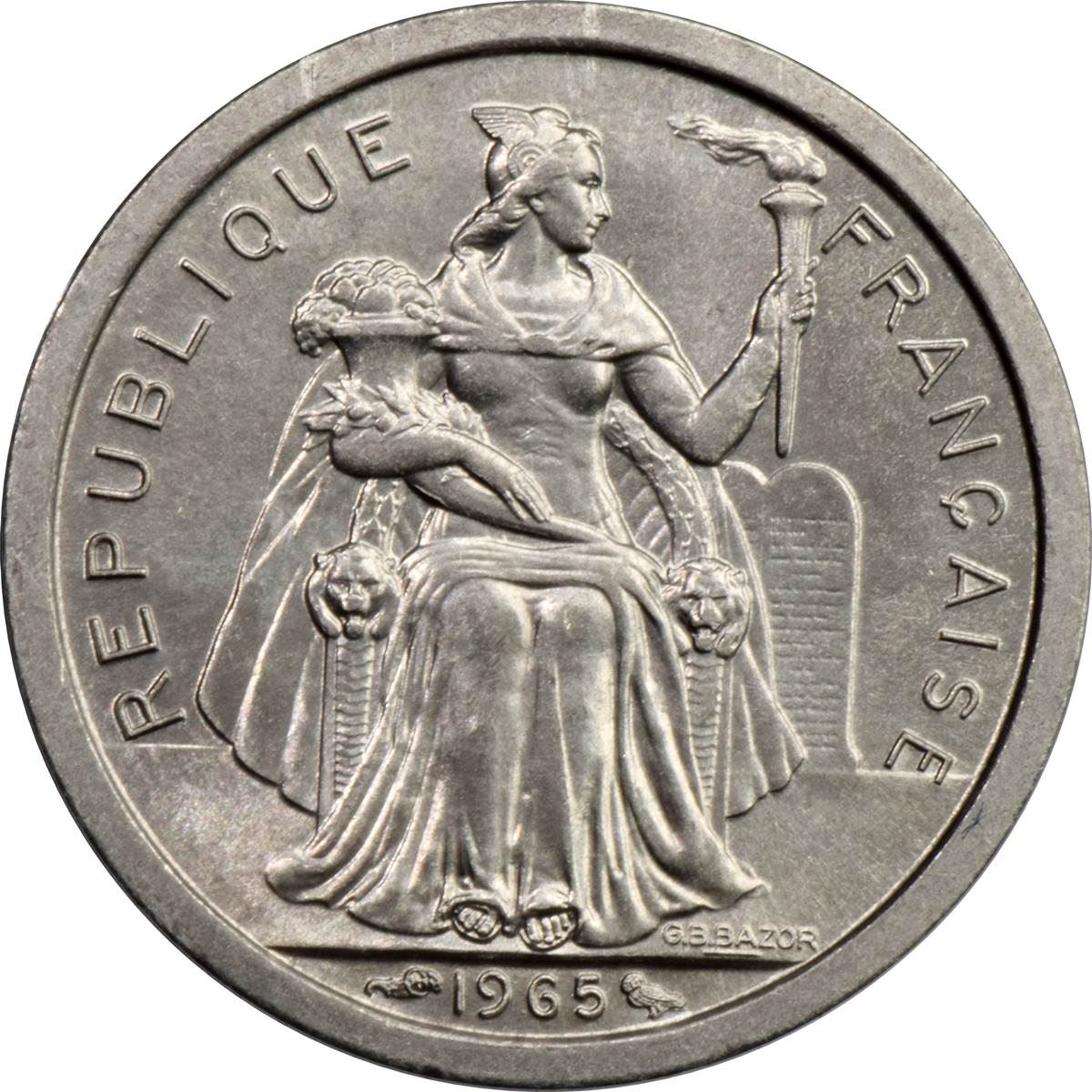 French Polynesia Coin French Polynesian 1 Franc | Liberty Sitting | Throne | Palm Tree | Sailboat | KM2 | 1965