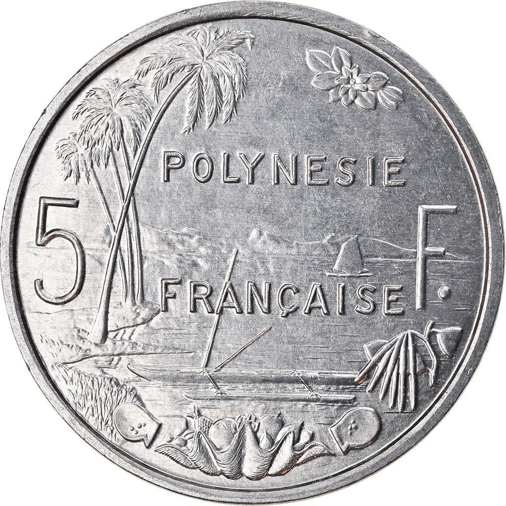 French Polynesia Coin French Polynesian 5 Francs | Liberty Sitting | Throne | Palm Tree | Sailboat | KM12 | 1975 - 2020