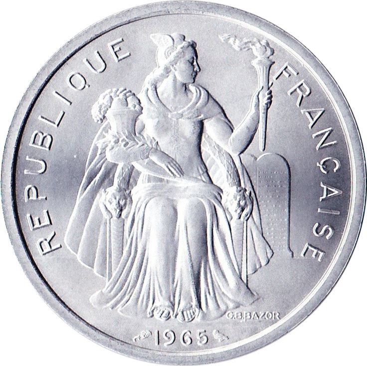 French Polynesia Coin French Polynesian 5 Francs | Liberty Sitting | Throne | Palm Tree | Sailboat | KM4 | 1965