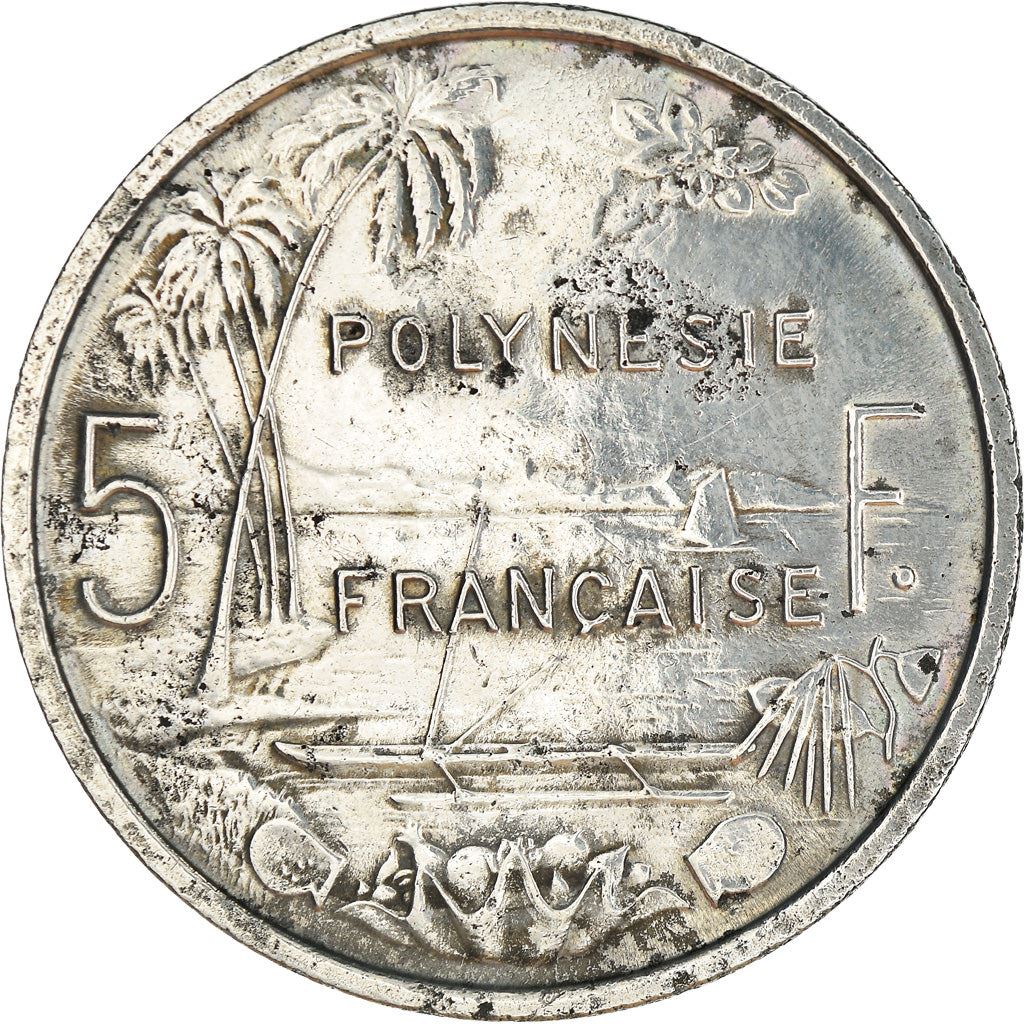 French Polynesia Coin French Polynesian 5 Francs | Liberty Sitting | Throne | Palm Tree | Sailboat | KM4 | 1965