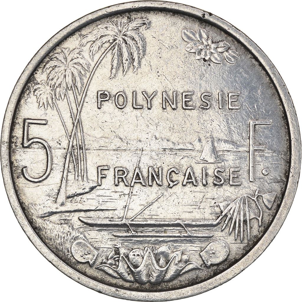 French Polynesia Coin French Polynesian 5 Francs | Liberty Sitting | Throne | Palm Tree | Sailboat | KM4 | 1965