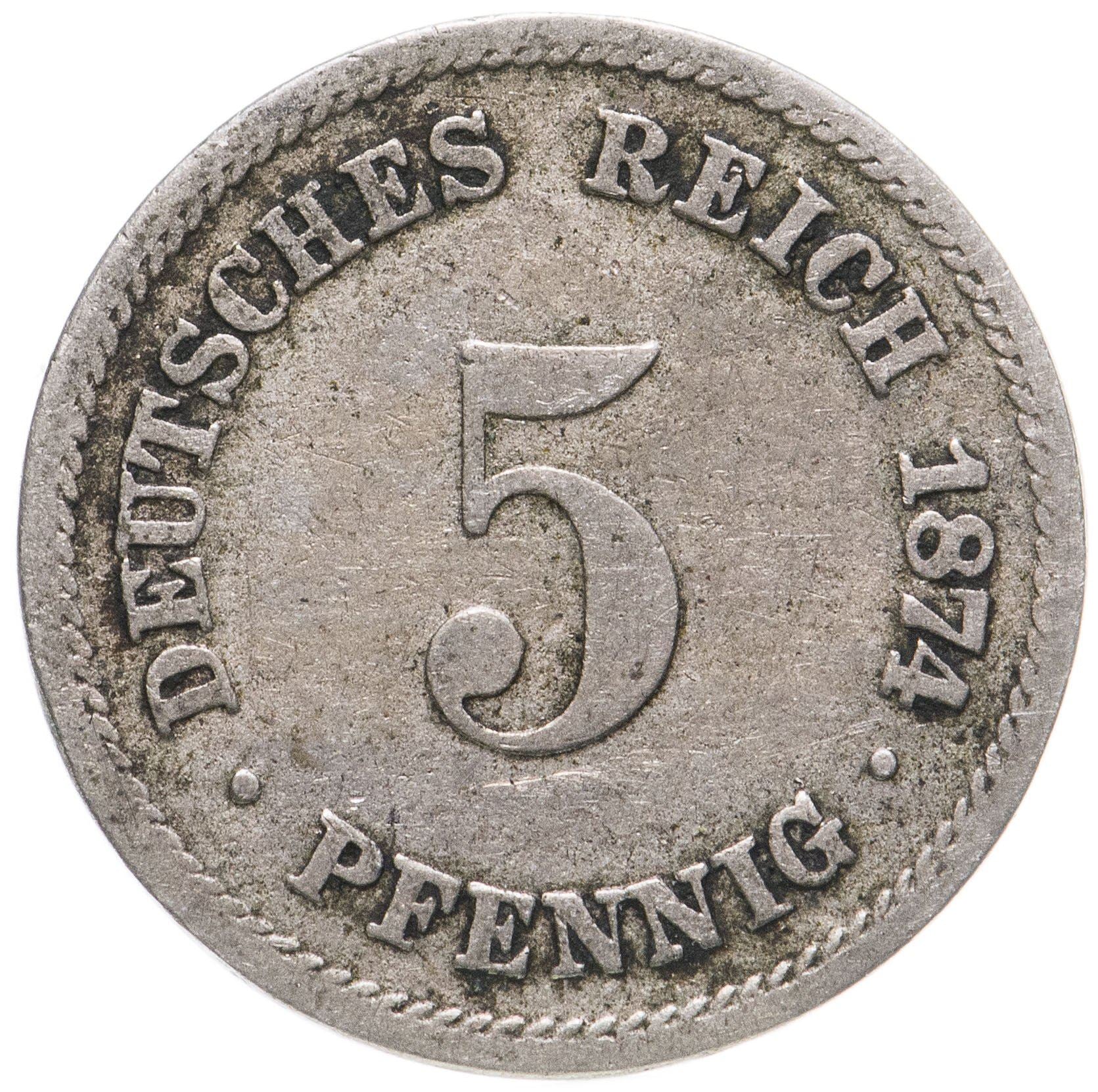 German Empire 5 Pfennig Coin | Deutsches Reich | Wilhelm I | Type 1 | KM3 | 1874 - 1889