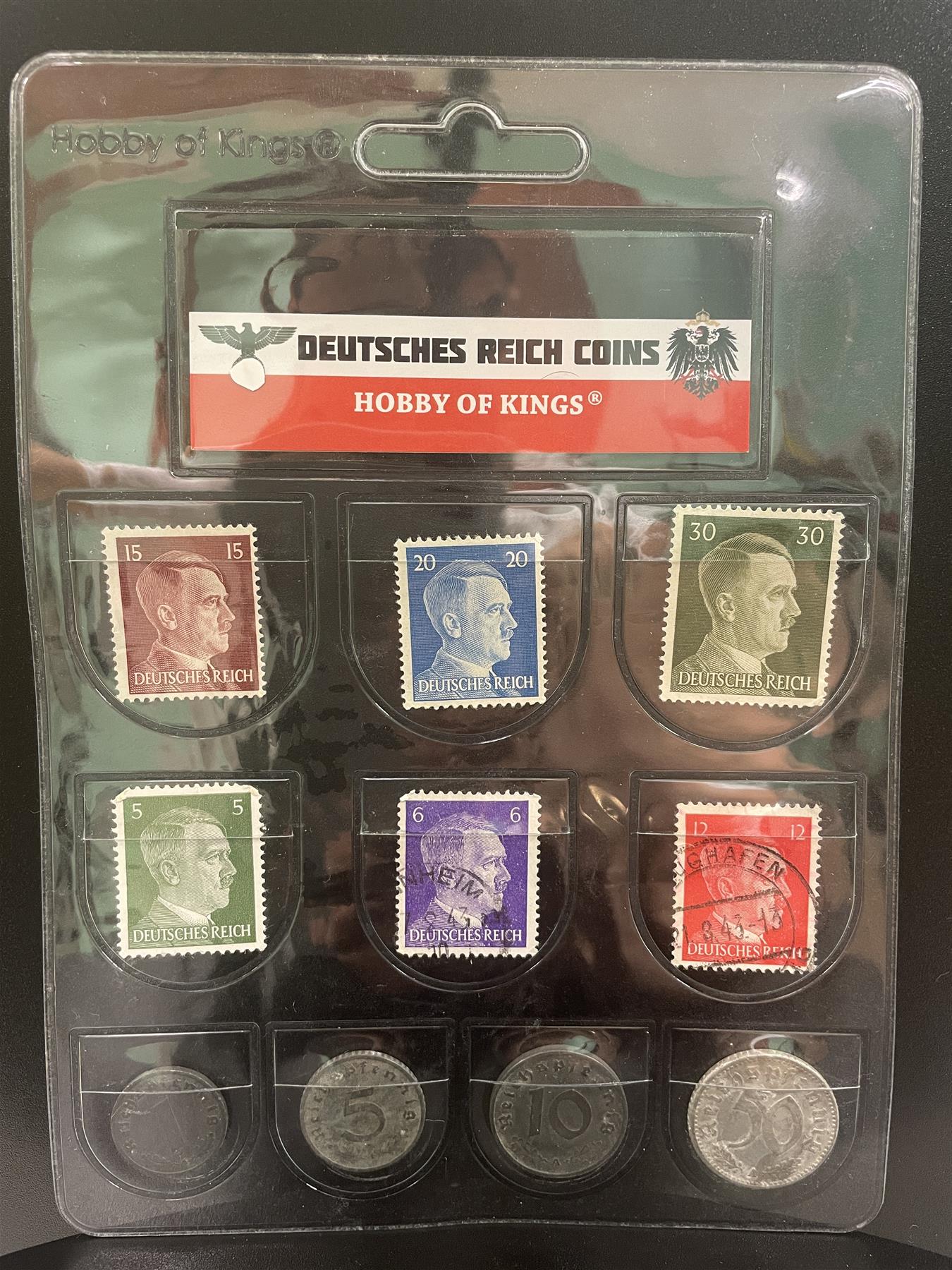 German Reich | 4 Coin Set 1 5 10 50 Reichspfennig | 6 Postage Stamps | Adolf Hitler | 1939 - 1945