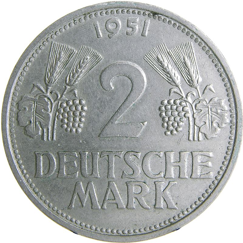 Germany 2 Deutsche Mark Coin | Grape | Rain | Eagle | KM111 | 1951