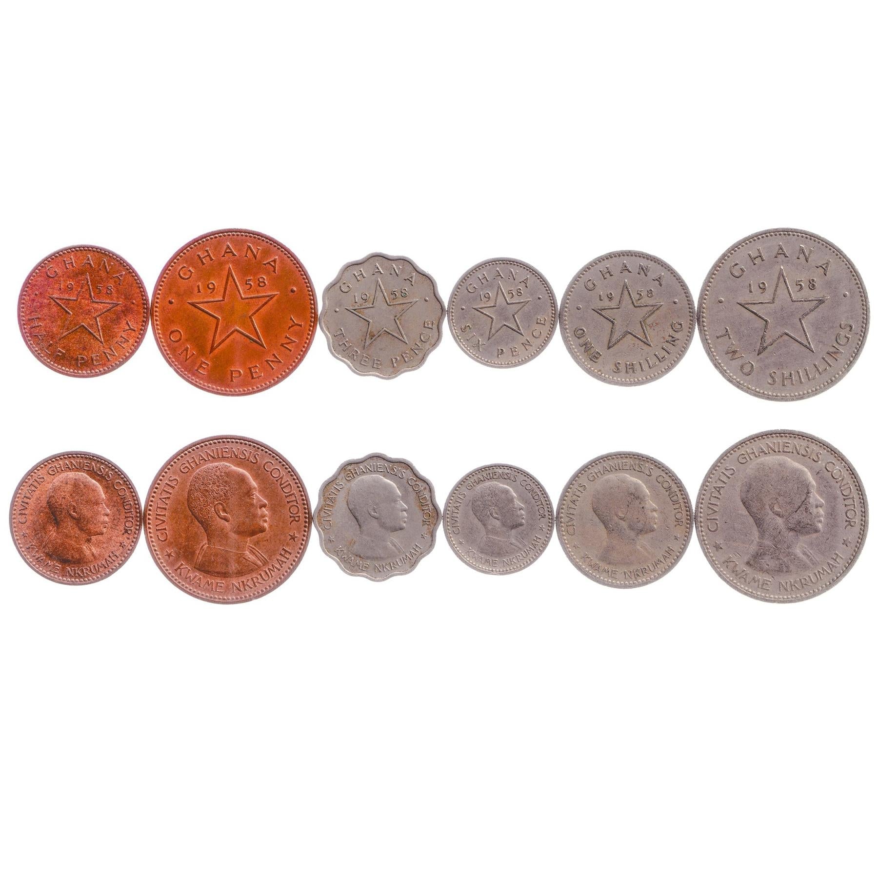 Ghanaian 6 Coin Set ½ 1 Penny 3 6 Pence 1 2 Shillings | Kwarme Nkrumah | Five pointed star | 1958