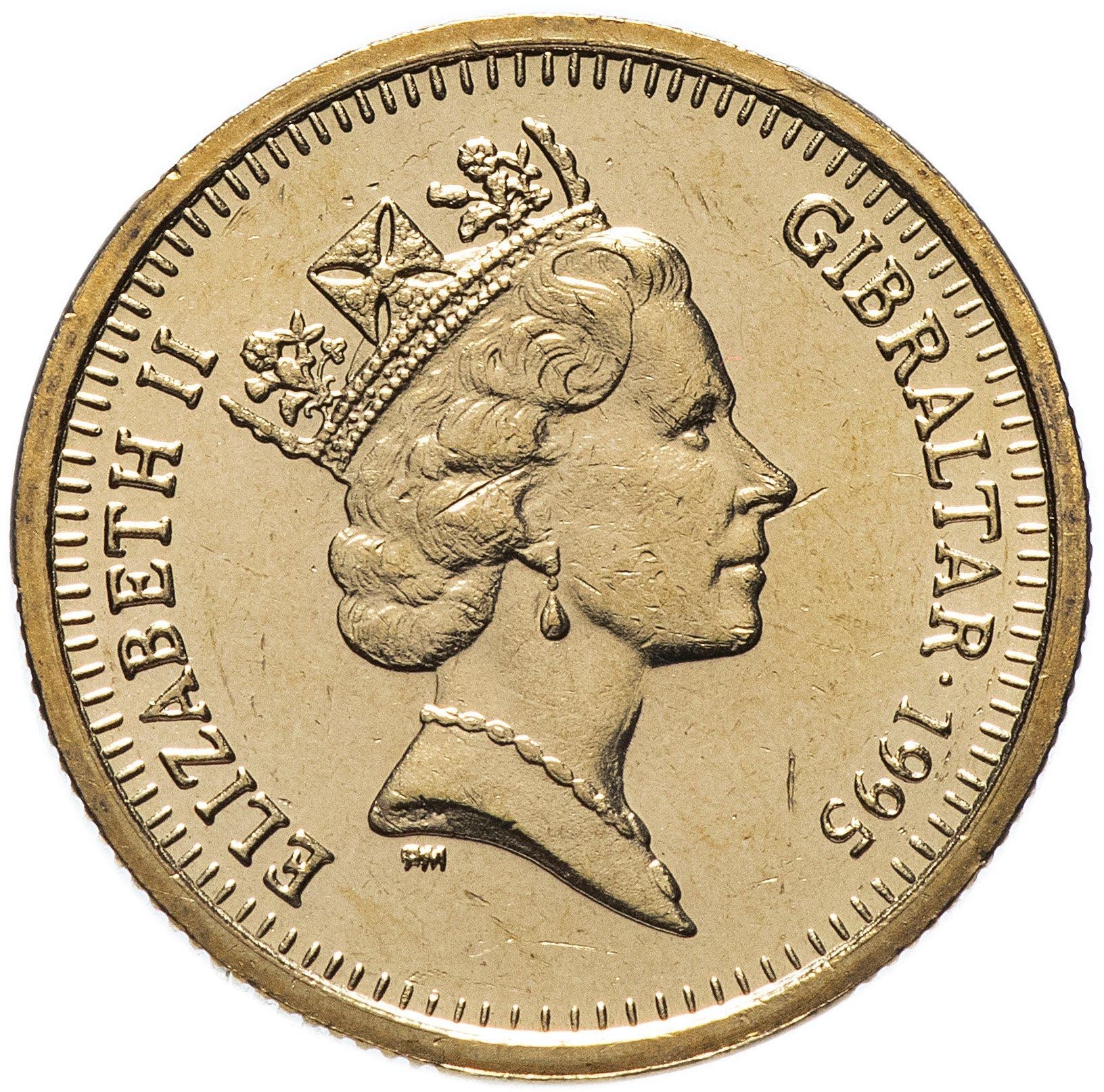 Gibraltar | 1 Pound Coin | Queen Elizabeth II | National Day | Gibraltar Rock | Bird | Sun | KM340 | 1995