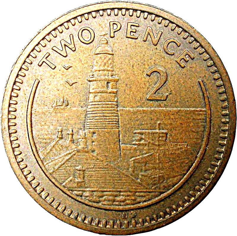 Gibraltar | 2 Pence Coin | Europa Point Lighthouse | KM21 | 1988 - 1995