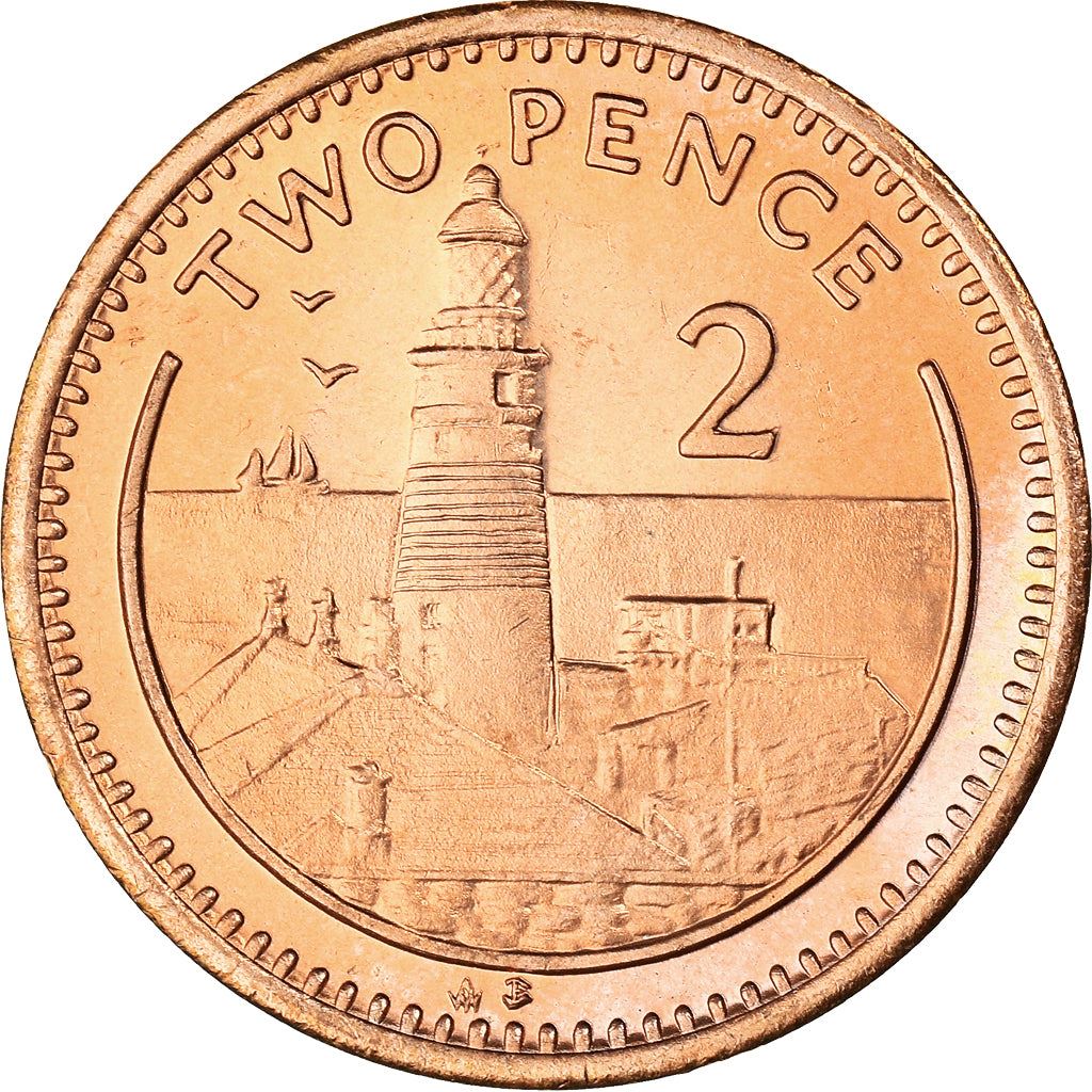 Gibraltar | 2 Pence Coin | Queen Elizabeth II | Europa Point Lighthouse | KM21a | 1995 - 1997