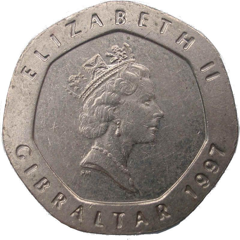 Gibraltar | 20 Pence Coin | Queen Elizabeth II | Our Lady of Europa | KM16 | 1988 - 1997