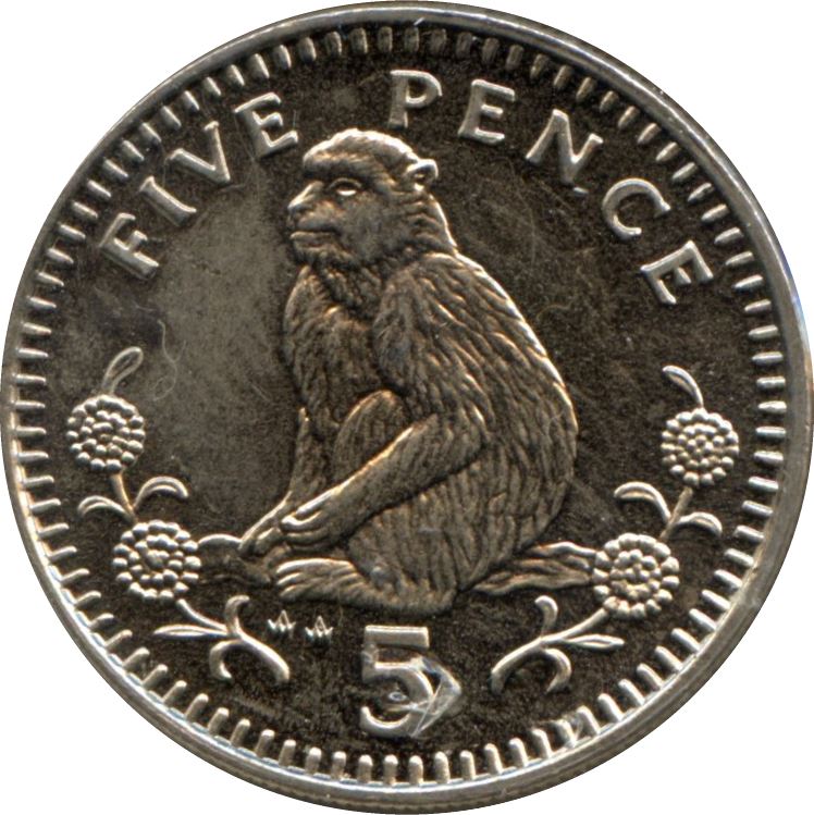 Gibraltar | 5 Pence Coin | Queen Elizabeth II | Barbary Macaque | KM22.1 | 1988 - 1989