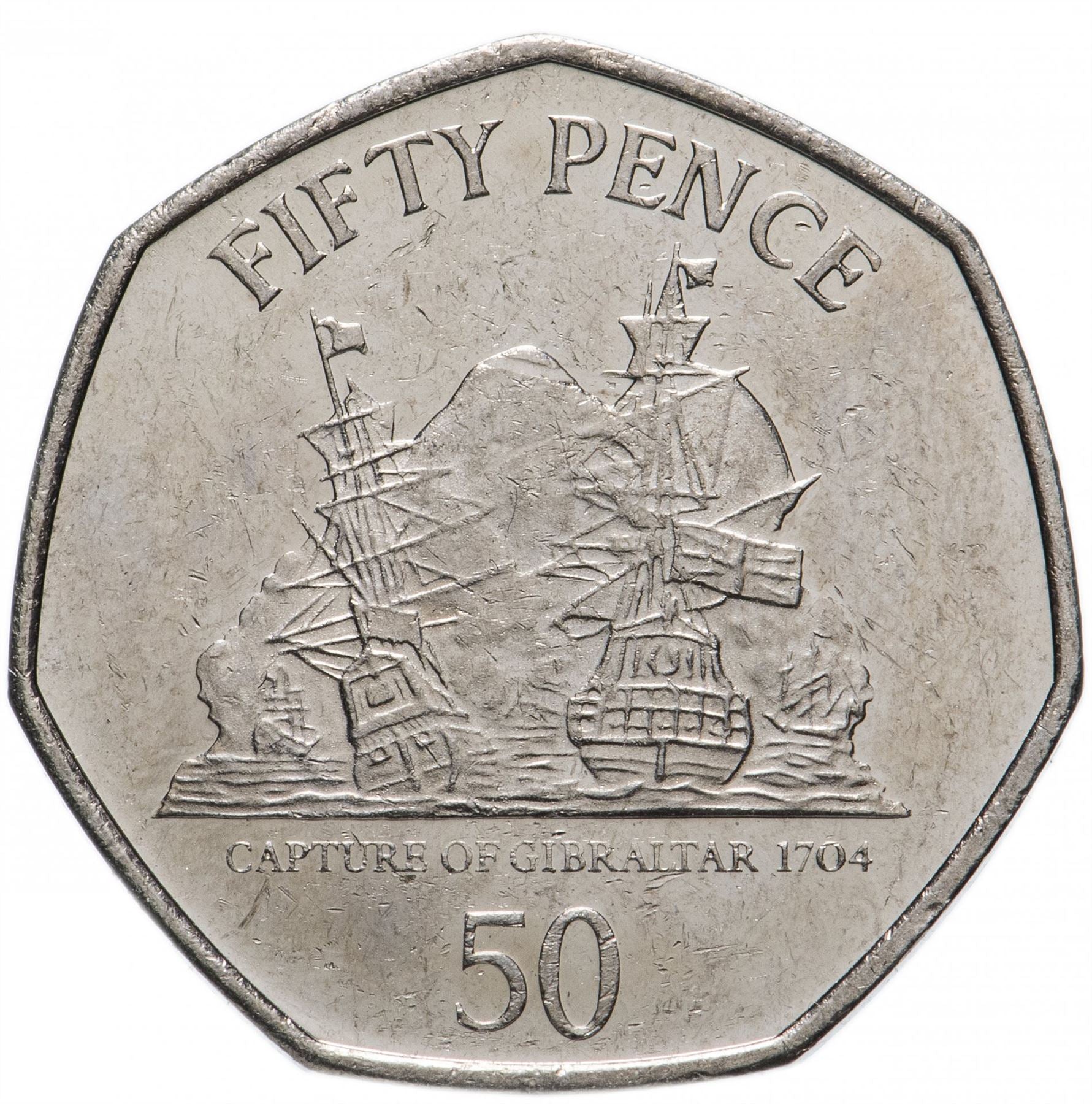 Gibraltar | 50 Pence Coin | Queen Elizabeth II | Capture of Gibraltar | Warship | KM1089 | 2006 - 2011