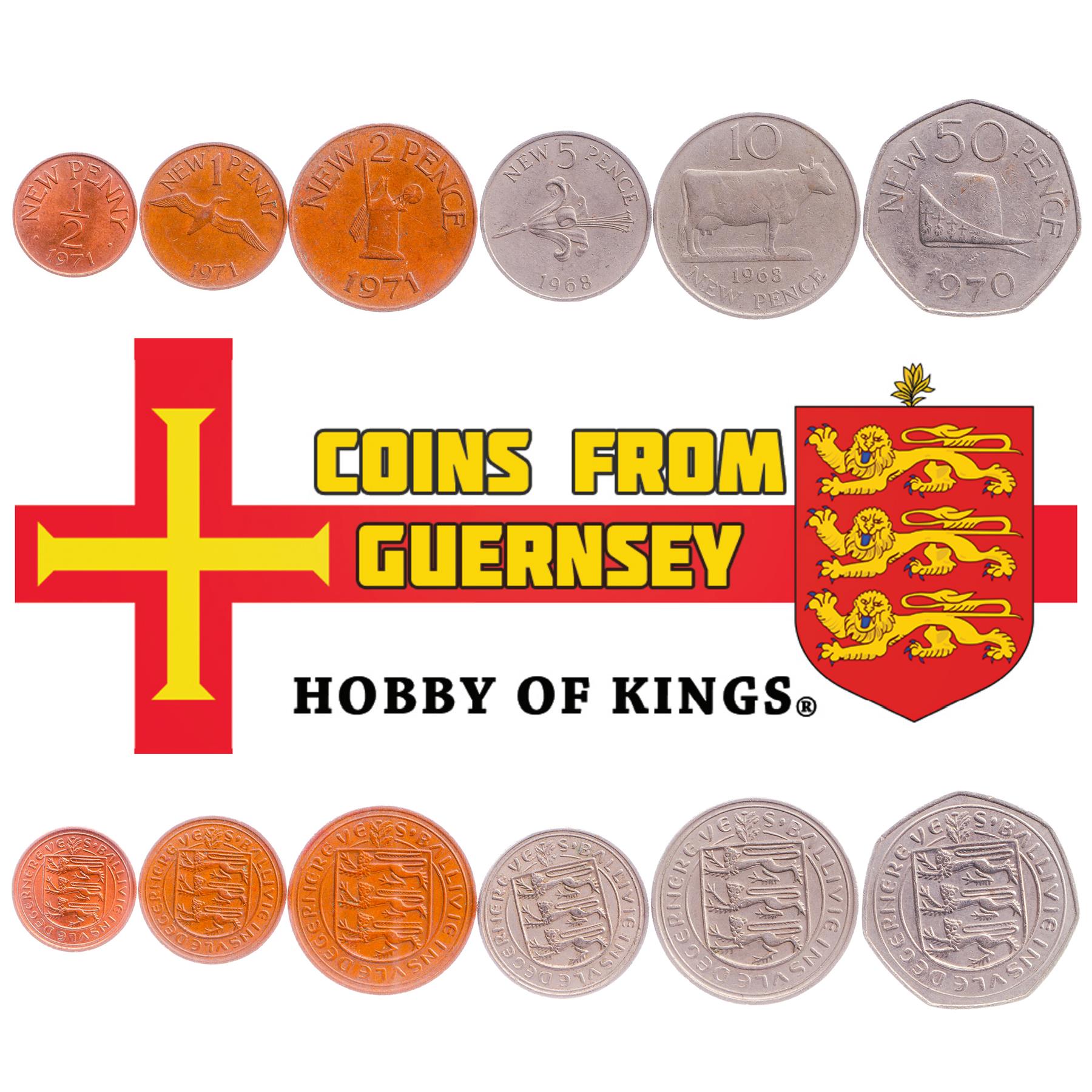 Giernésiais 6 Coin Set ½ 1 2 5 10 50 New Pence | Cattle | Northern Gannet | Leopard | Guernsey Lily | Guernsey | 1968 - 1971