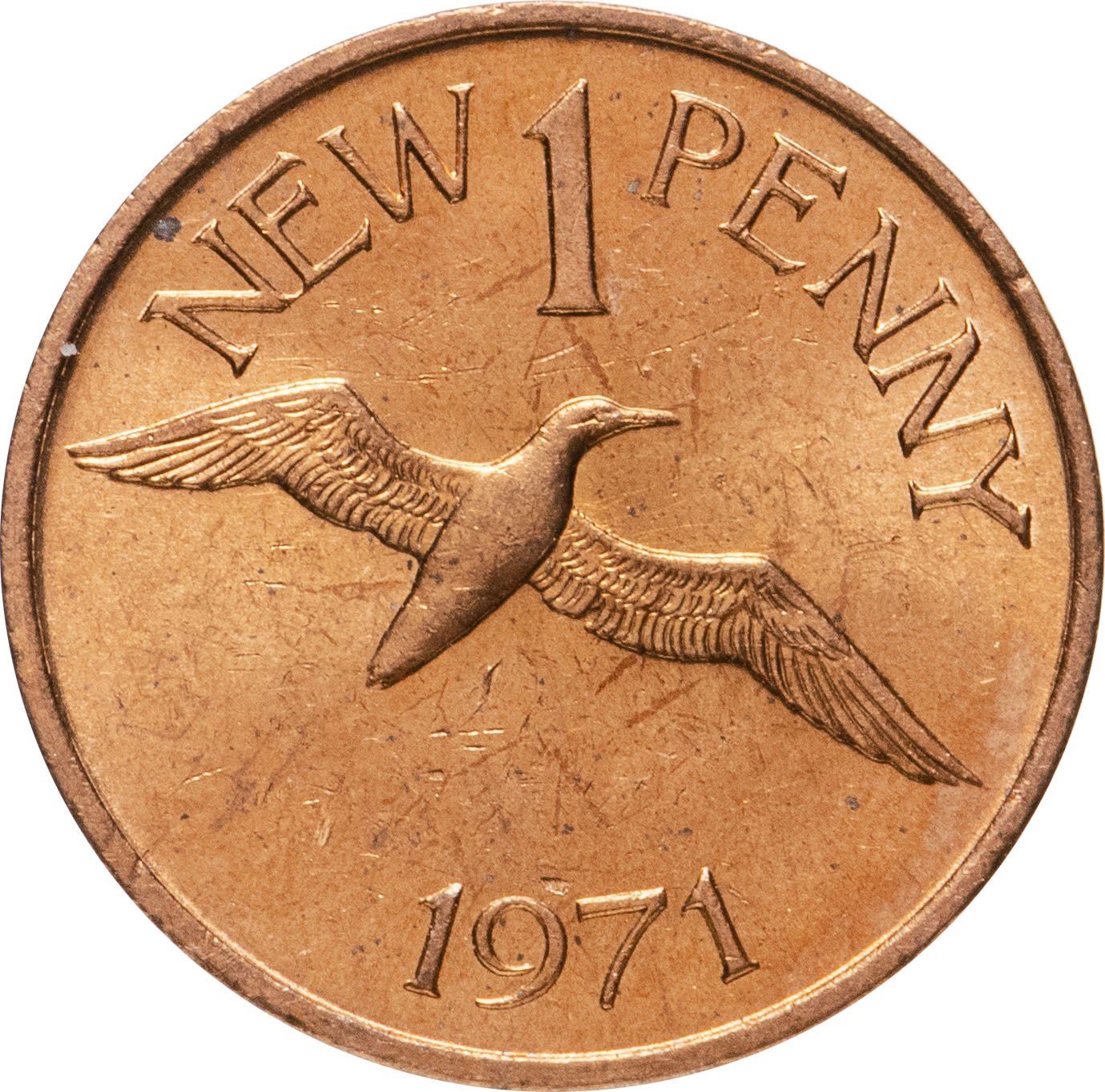 Guernsey Coin | 1 New Penny | Leopard | Shield | Northern Gannet | KM21 | 1971