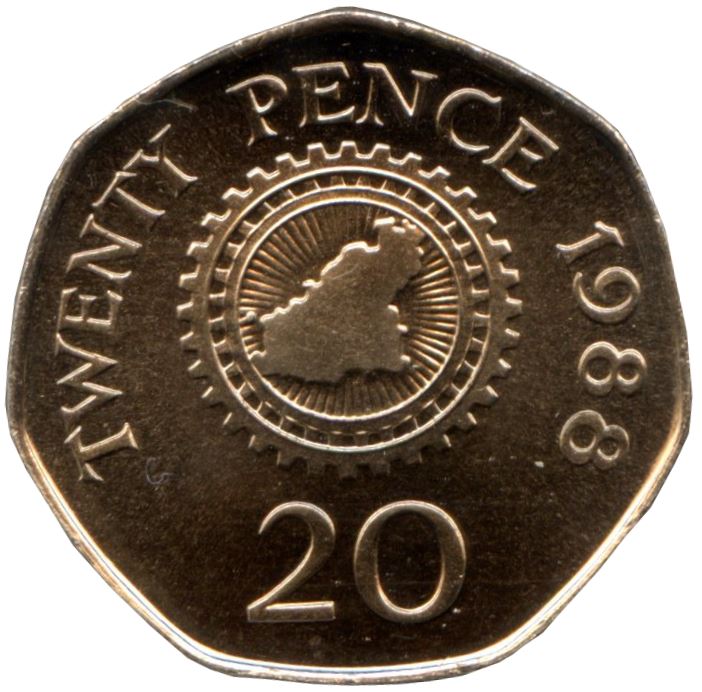 Guernsey Coin | 20 Pence | Queen Elizabeth II | Cogwheel | Island Map | KM44 | 1985 - 1997