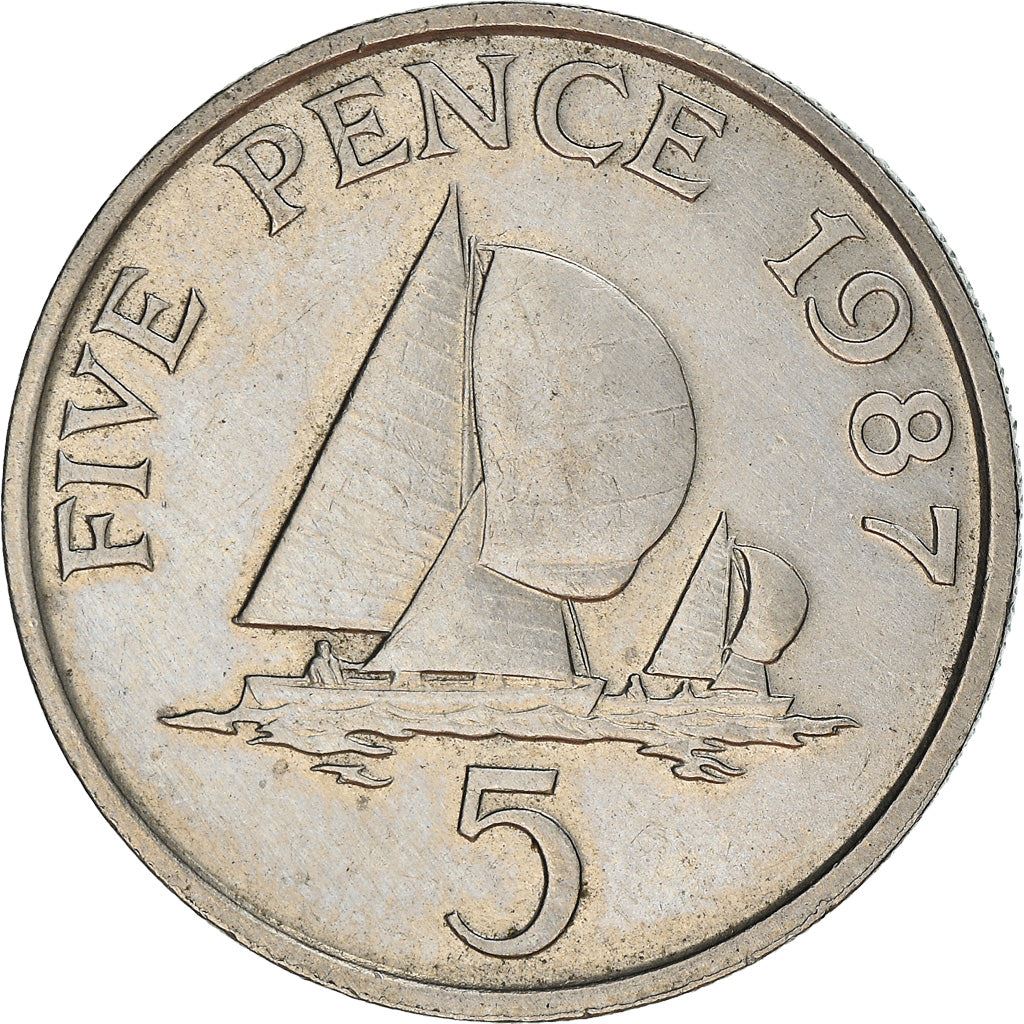 Guernsey Coin | 5 Pence | Queen Elizabeth II | Sailing Boat | Yacht | KM42.1 | 1985 - 1990