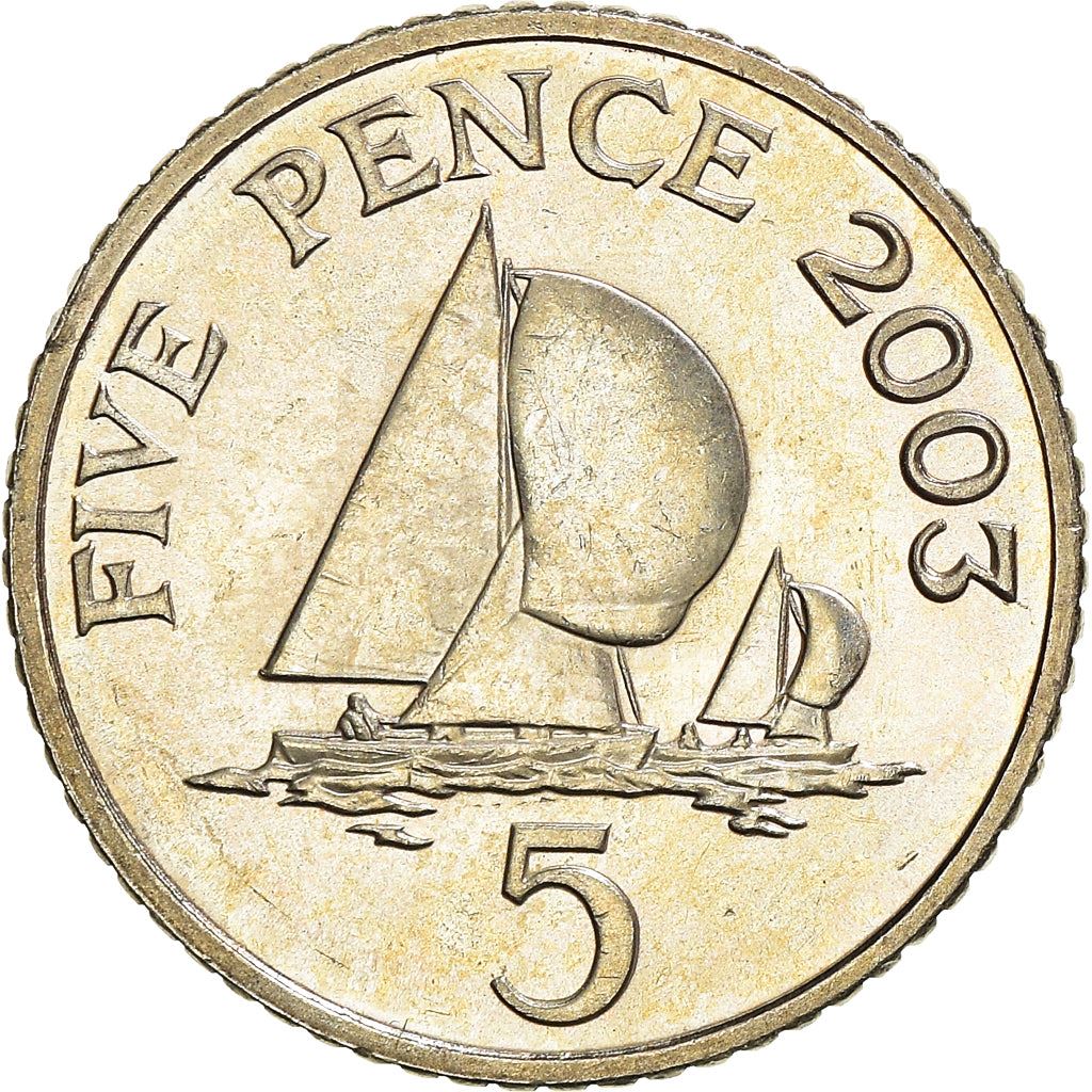 Guernsey Coin | 5 Pence | Queen Elizabeth II | Sailing Boat | Yacht | KM97 | 1999 - 2010