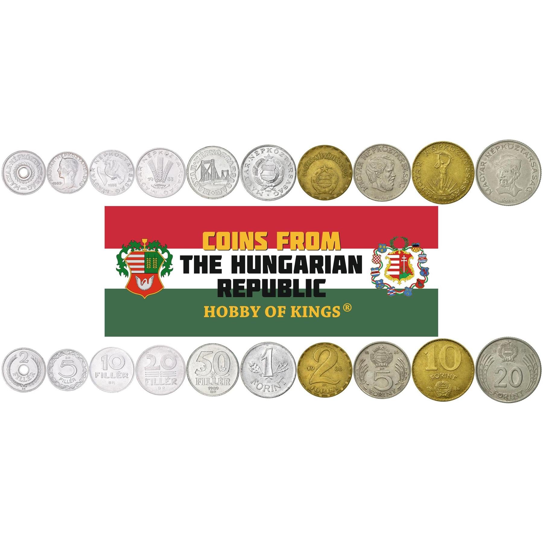 Hungarian 10 Coin Set 2 5 10 20 50 Fillér 1 2 5 10 20 Forint | Lajos Kossuth | György Dózsa | Dove | Liberty | Elisabeth Bridge | Hungary | 1981 - 1989