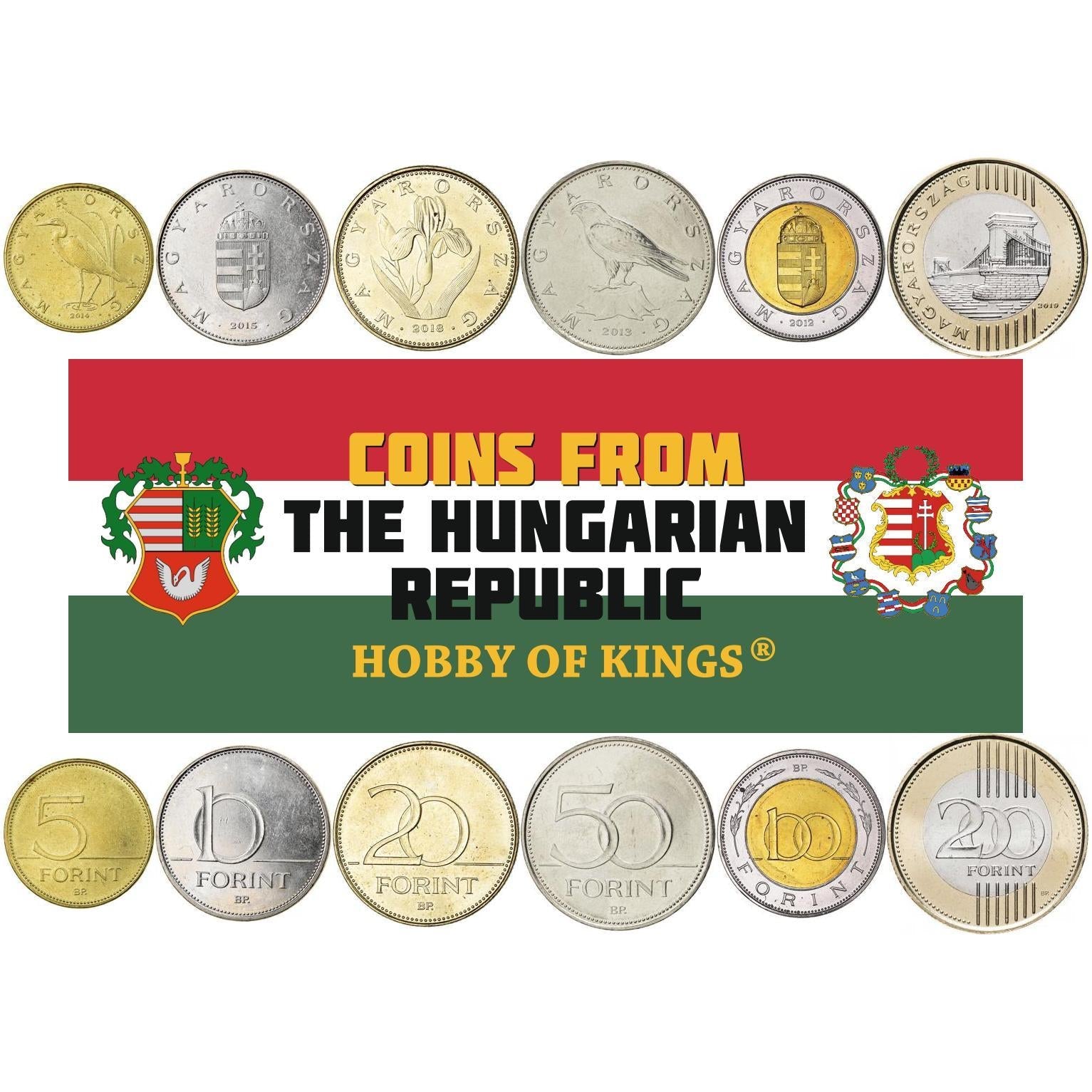 Hungarian 6 Coin Set 5 10 20 50 100 200 Forint | Great Egret | Saker Falcon | Sz��chenyi Chain Bridge | Iris Aphylla | Hungary | 2012 - 2022