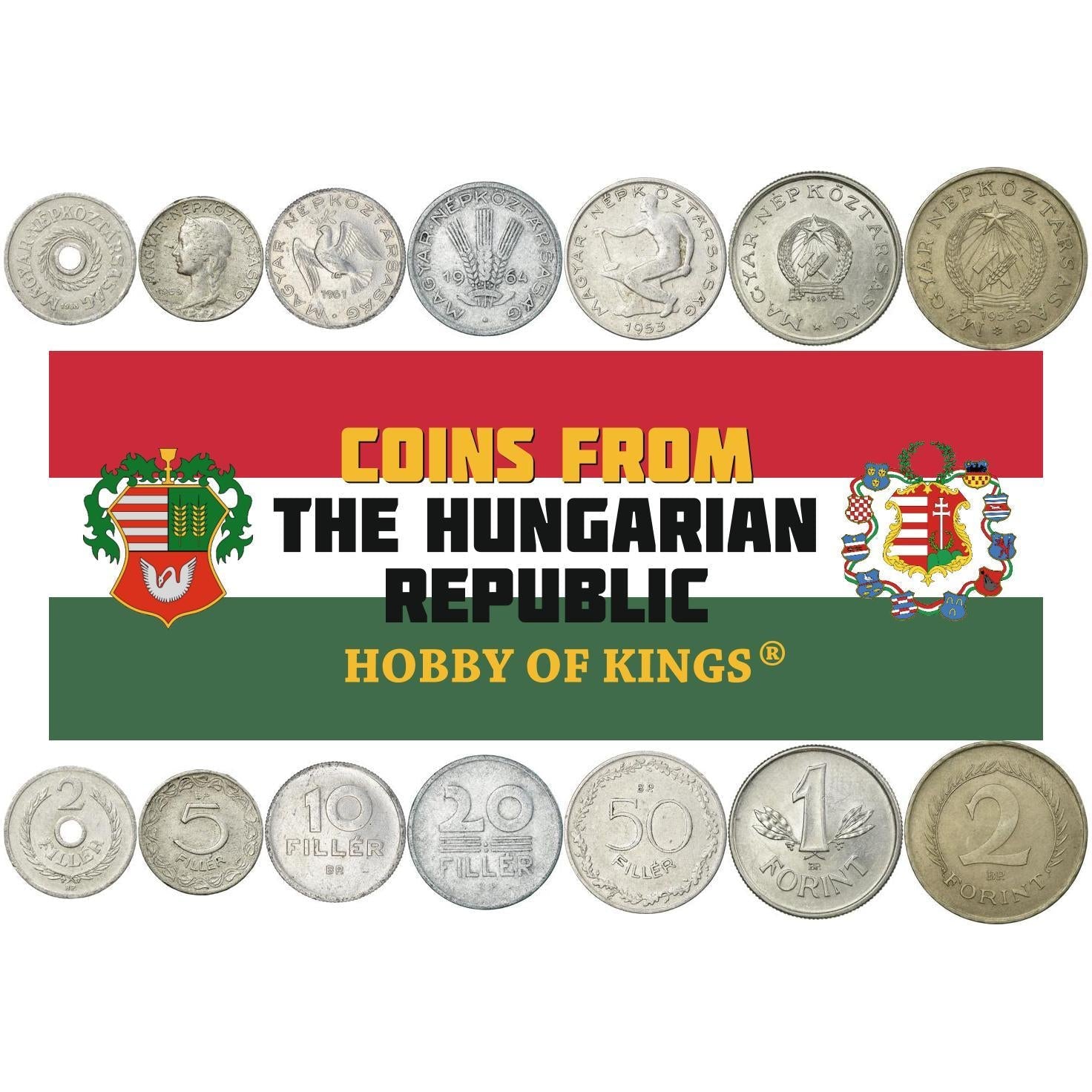 Hungarian 7 Coin Set 2 5 10 20 50 Fill��r 1 2 Forint | Dove | Lady Hungaria | Hungary | 1949 - 1966