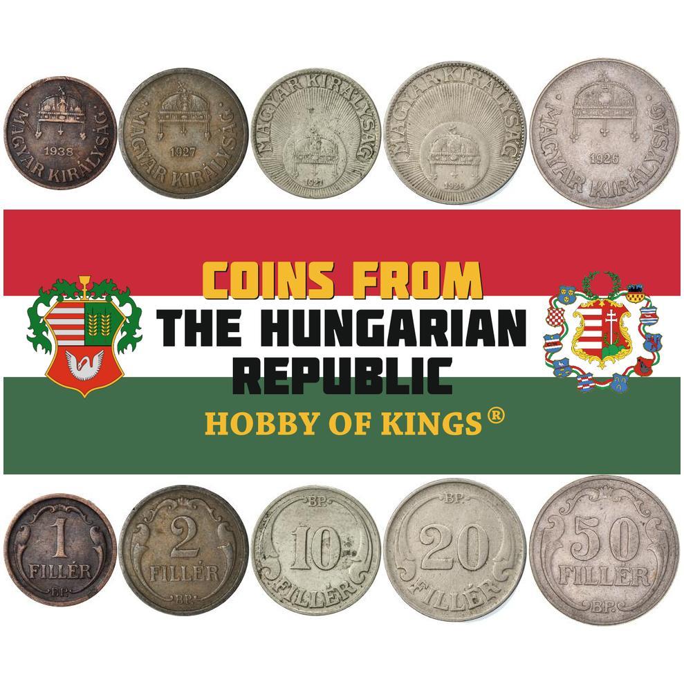 Hungary | 5 Coin Set | 1 2 10 20 50 Filler | Holy Crown of Hungary | 1926 - 1940