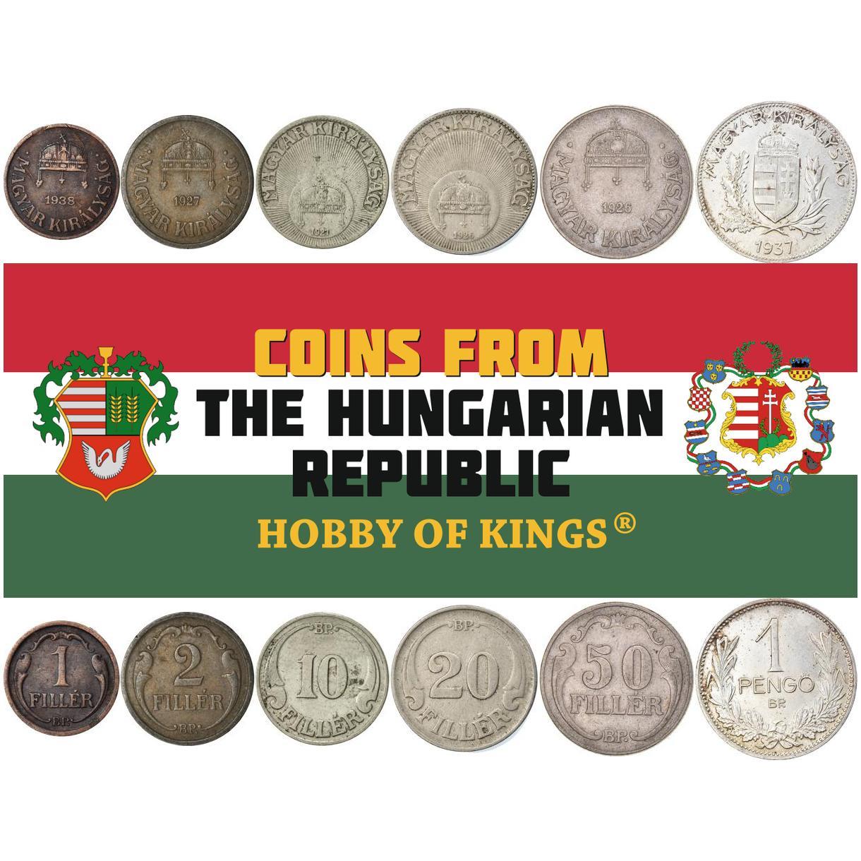 Hungary | 6 Coin Set | 1 2 10 20 50 Filler 1 Pengo | Holy Crown of Hungary | 1926 - 1940