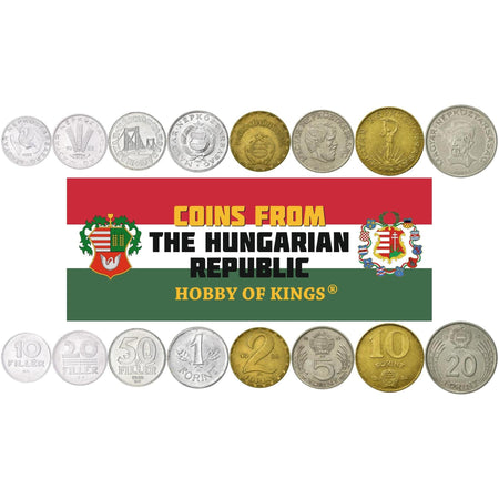 Hungary | 8 Coin Set | 10 20 50 Filler 1 2 5 10 20 Forint | Dove | Olive Branch | Wheat Stalks | Elisabeth Bridge |Lajos Kossuth | Strobl Monument | György Dózsa | 1982 - 1989