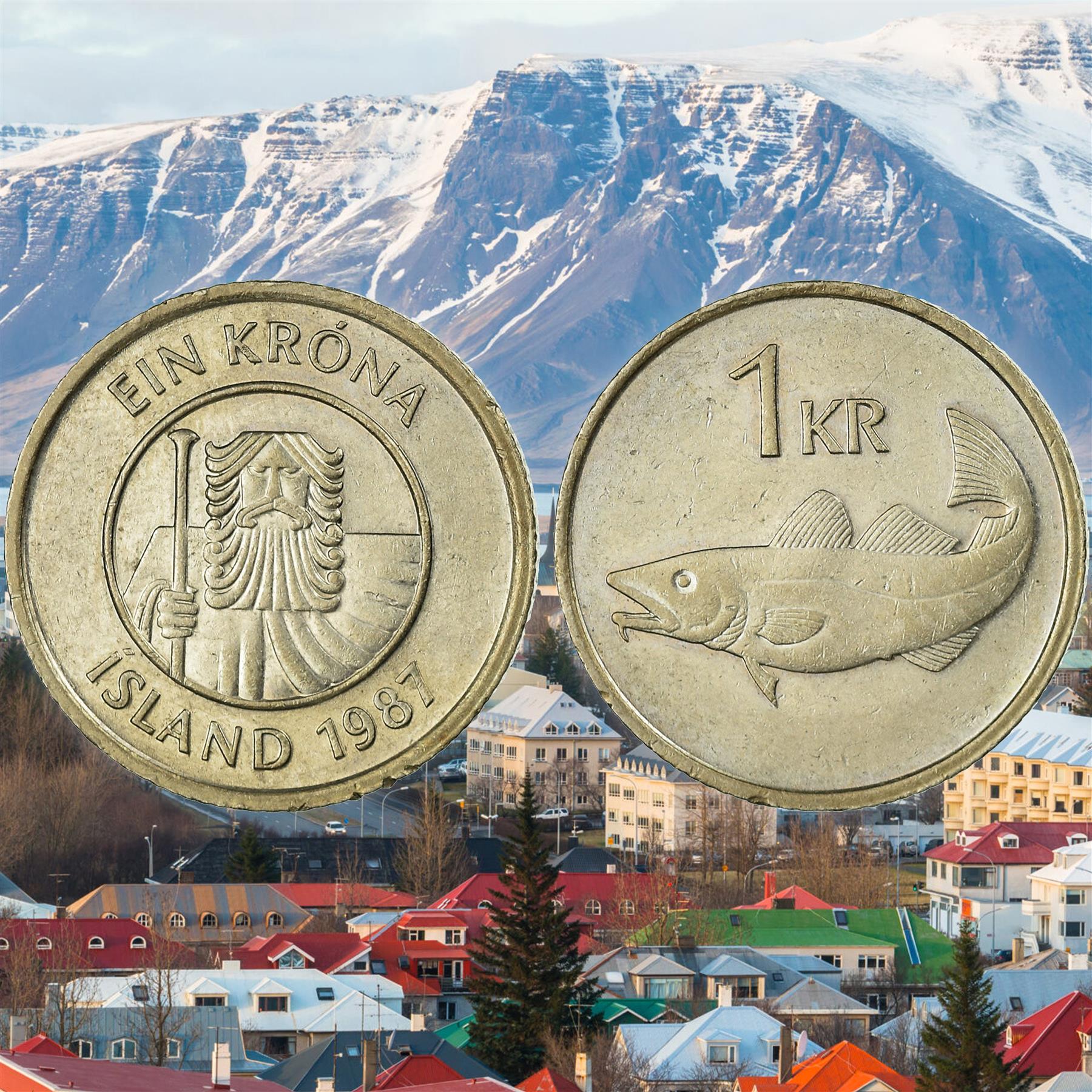 Iceland Coin Icelander 1 Krona | Giant Bergrisi | Cod Fish | KM27 | 1981 - 1987