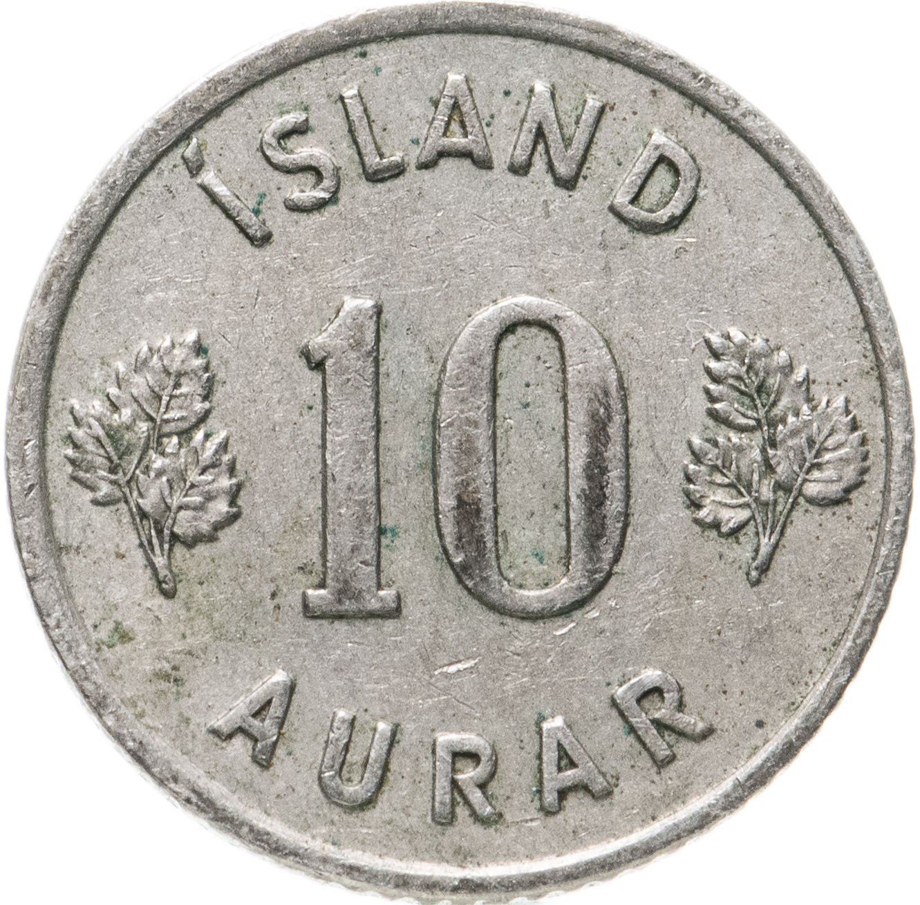 Iceland Coin Icelander 10 Aurar | Betula Pubescens Leaves | KM10 | 1946 - 1969