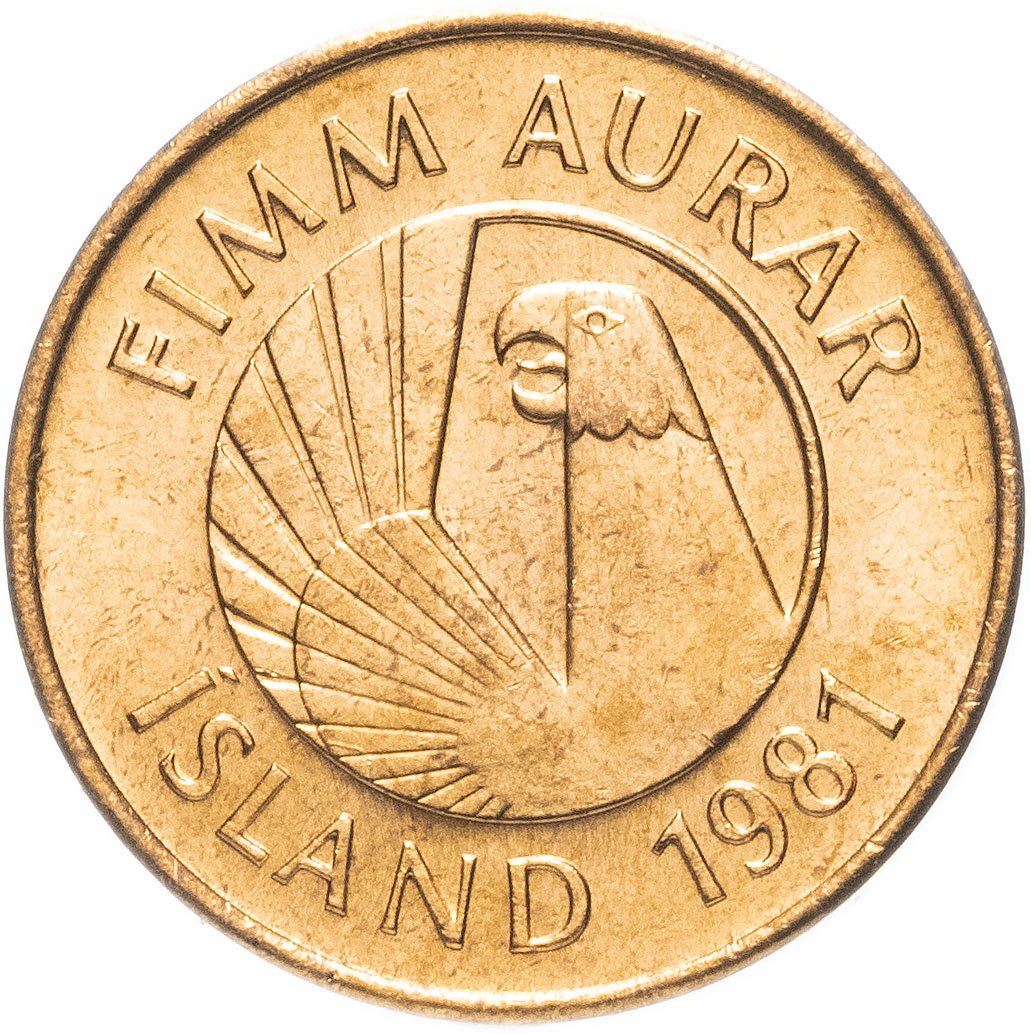 Iceland Coin Icelander 5 Aurar | Eagle Gammur | Skate Fish | Protector Spirit | KM24 | 1981