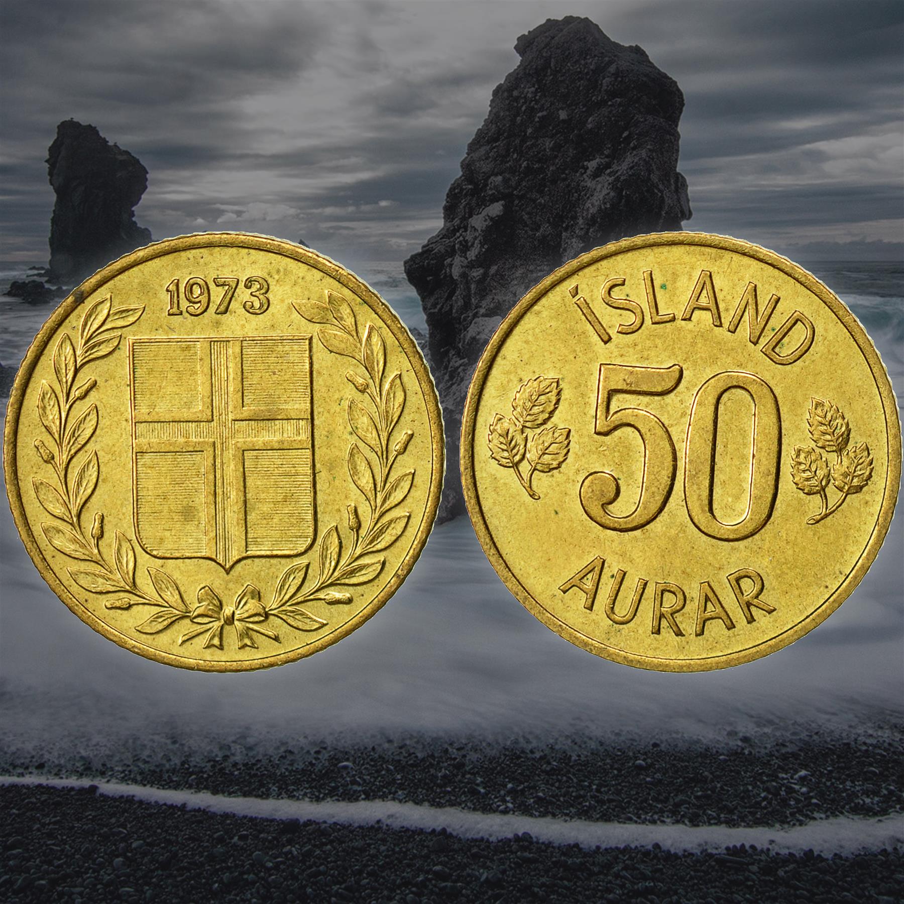 Iceland Coin Icelander 50 Aurar | Betula Pubescens Leaves | KM17 | 1969 - 1974