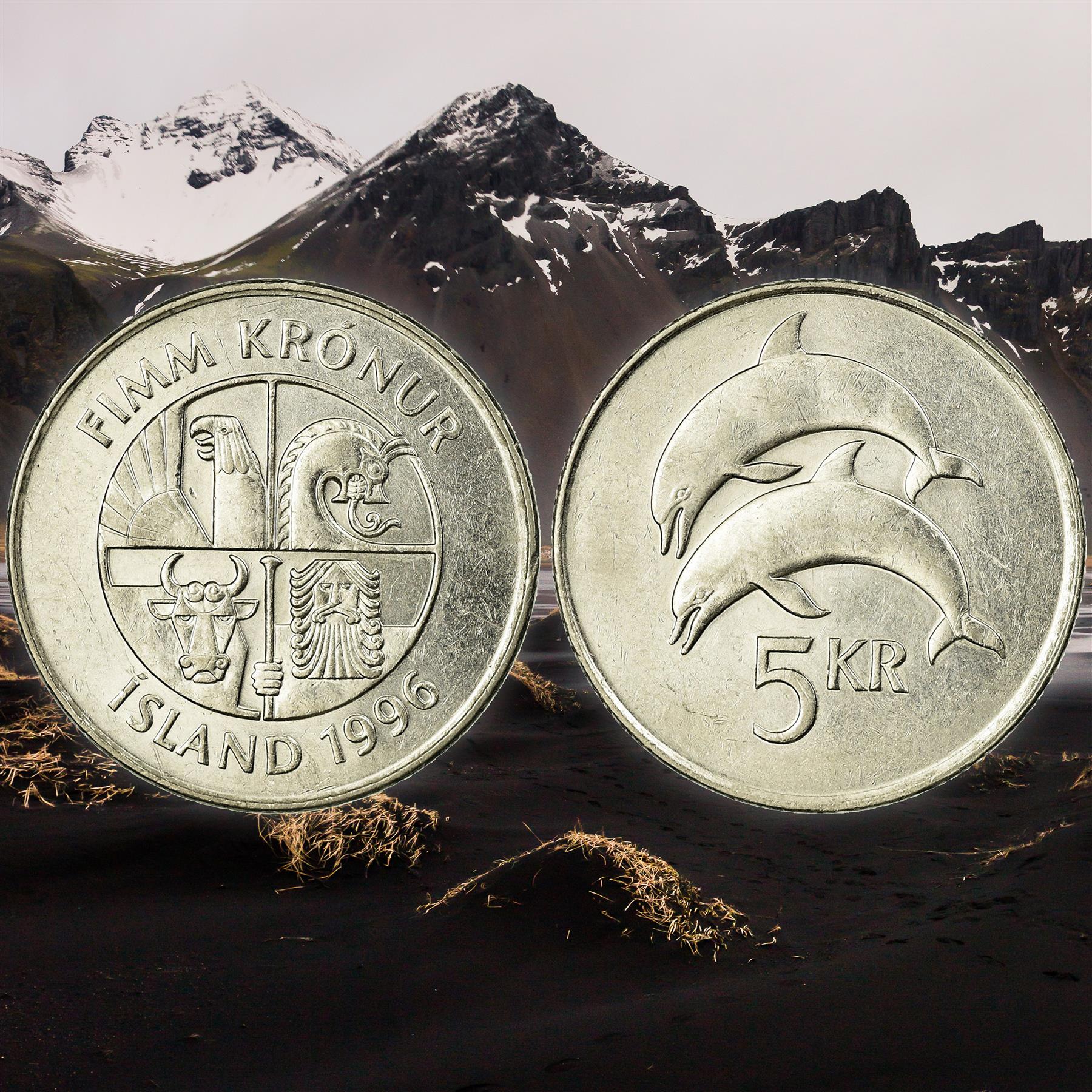 Icelander 5 Coin Set 1 5 10 50 100 Krónur | Bull | Eagle | Stingray | Cod | Cyclopterus Lumpus | Dolphins | Landvættir | Iceland | 1987 - 2011