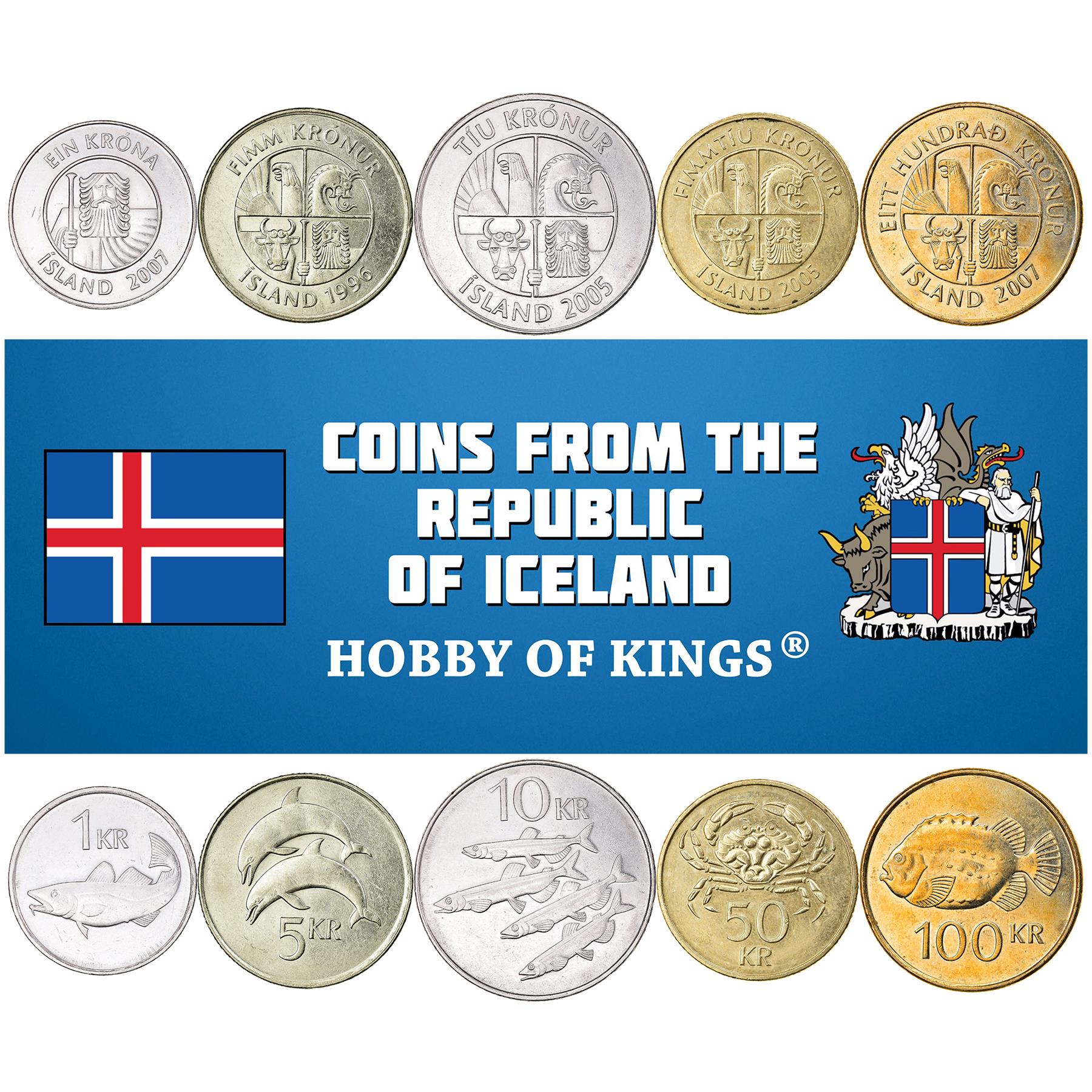 Icelander 5 Coin Set 1 5 10 50 100 Krónur | Bull | Eagle | Stingray | Cod | Cyclopterus Lumpus | Dolphins | Landvættir | Iceland | 1987 - 2011