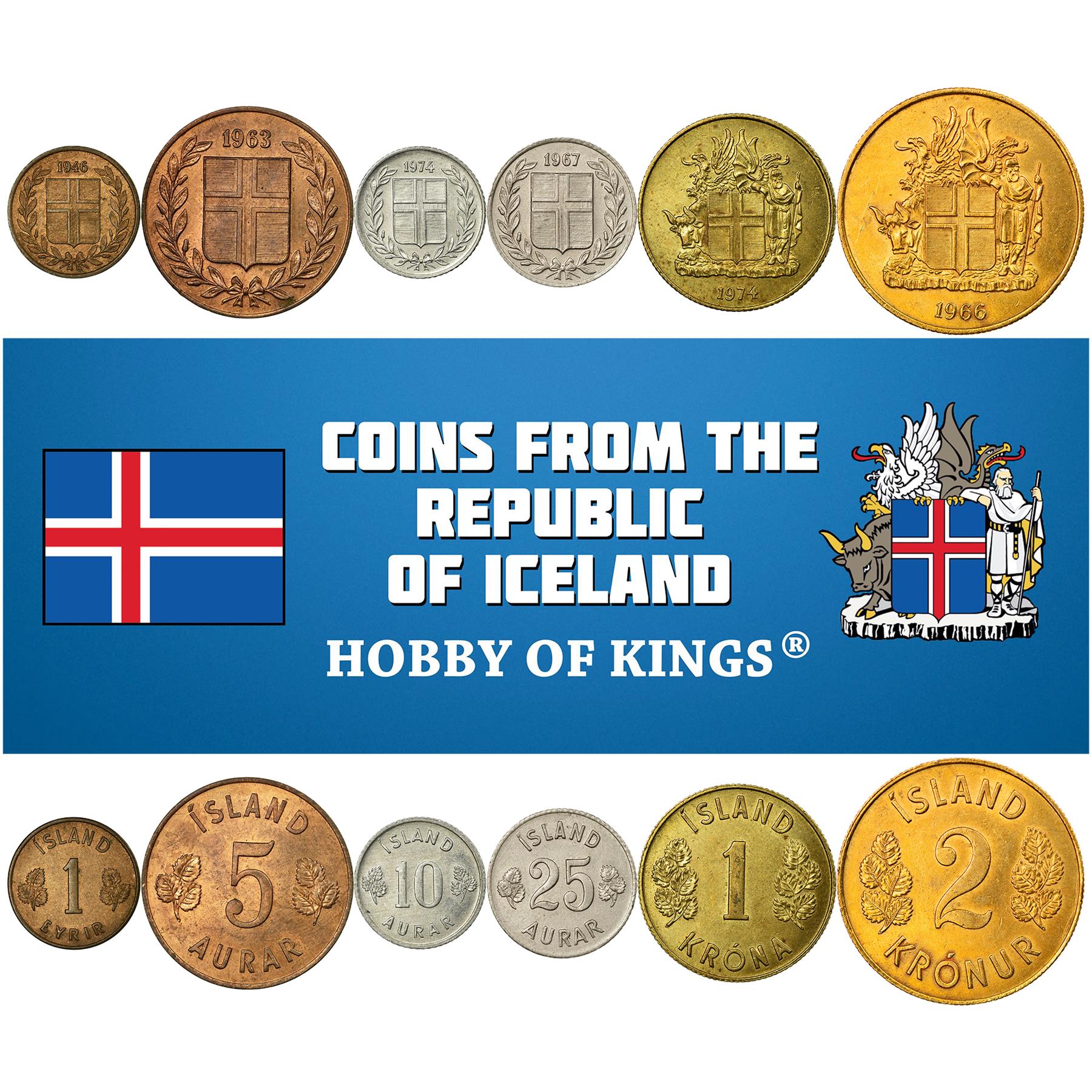 Icelander 6 Coin Set 1 Eyrir 5 10 25 Aurar 1 2 Krónur | Landvættir | Iceland | 1946 - 1975