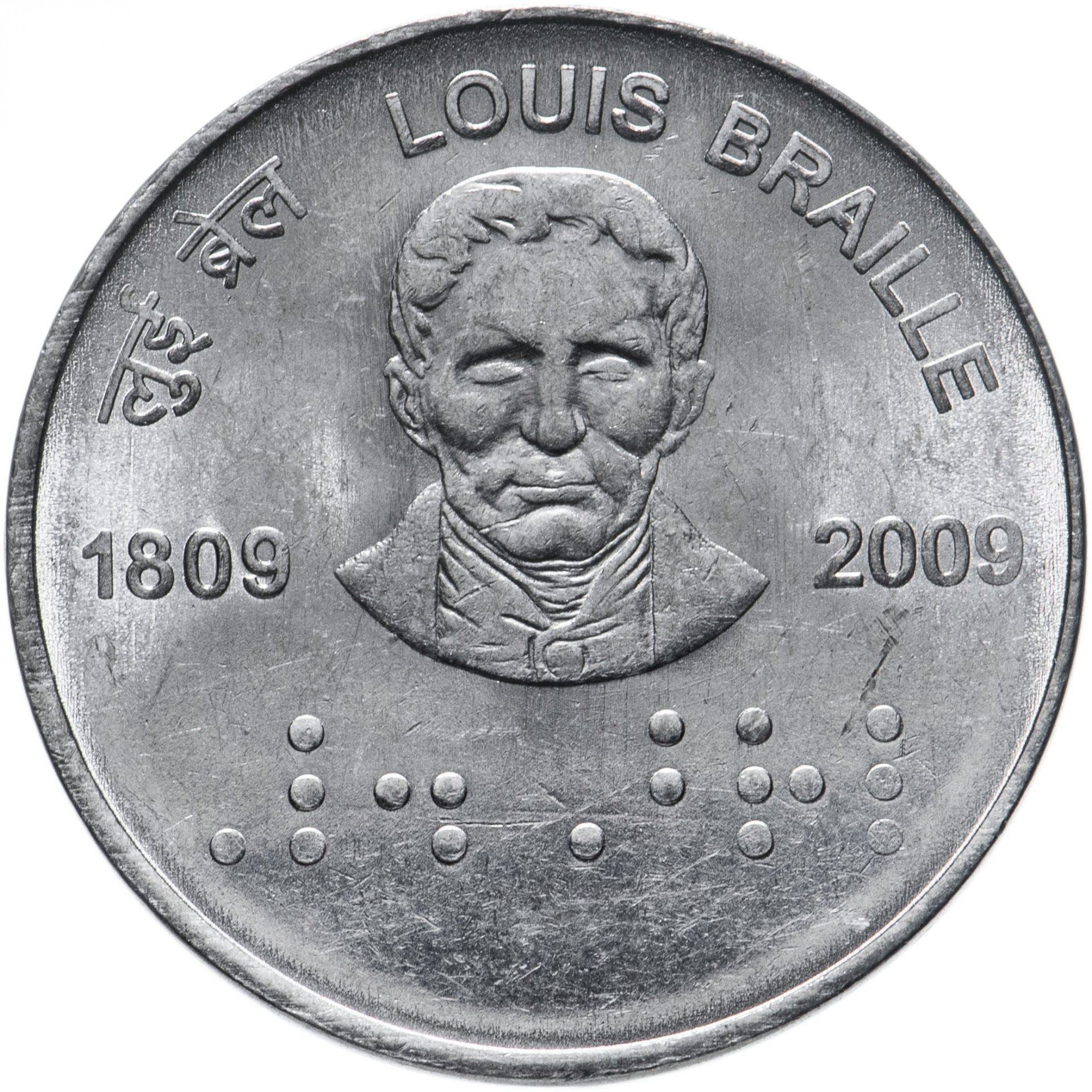 India | 2 Rupees Coin | Louis Braille | Km:368 | 2009