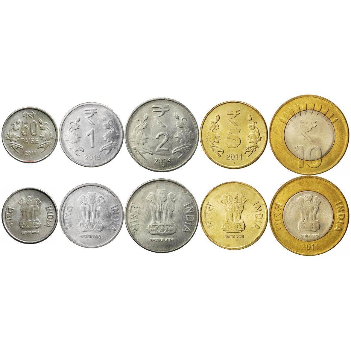 India | 5 Coin Set | 50 Paise 1 Rupee 2 5 10 Rupees | 2011 - 2019