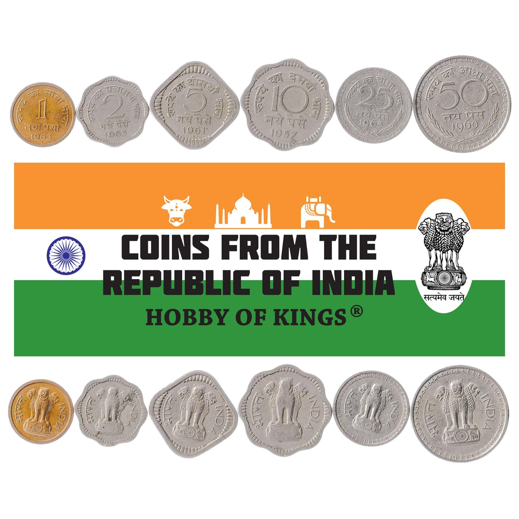 India | 6 Coin Set | 1 Naya 2 Naye 5 Naye 10 Naye 25 Naye 50 Naye Paisa | 1957 - 1963