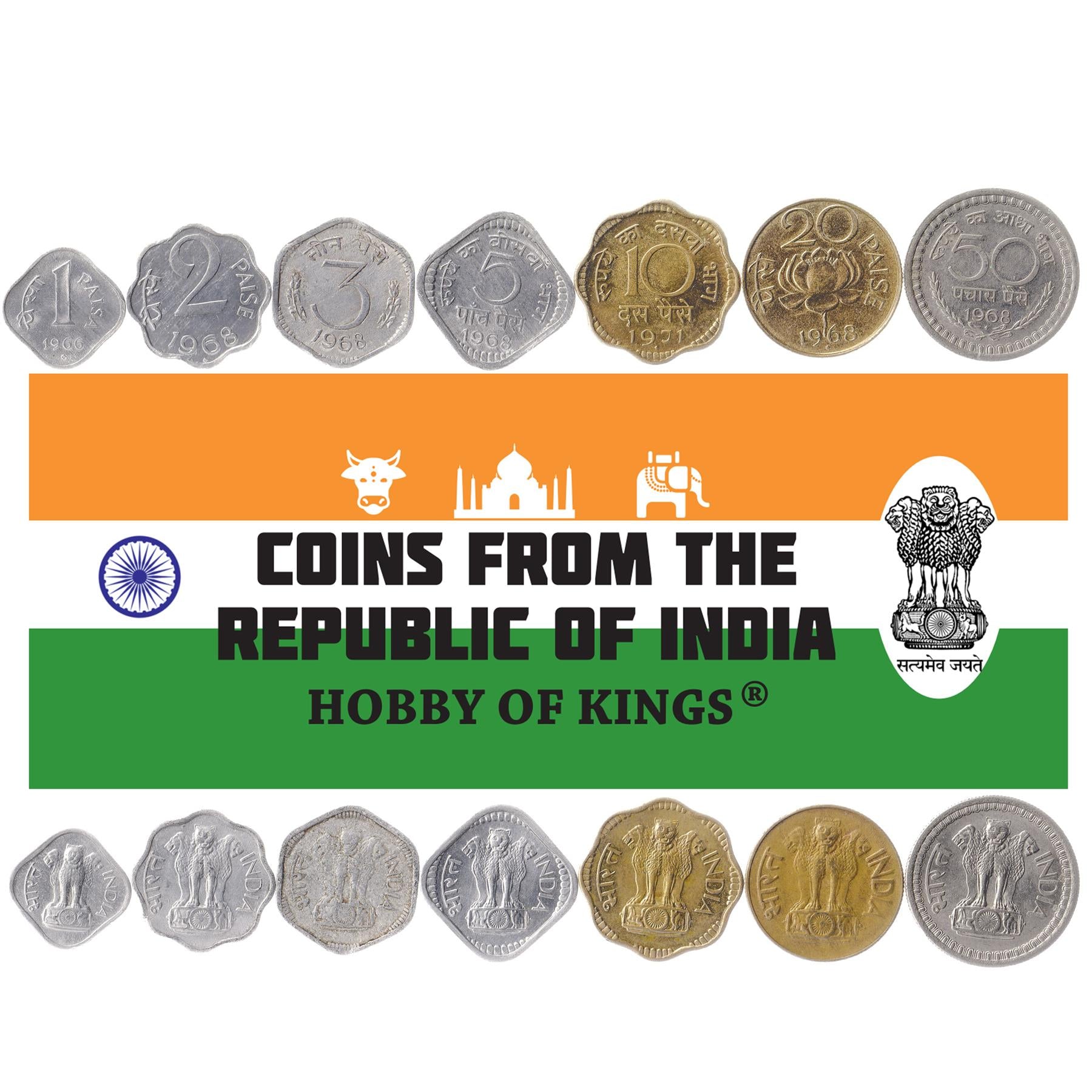 India | 7 Coin Set | 1 2 3 5 10 20 50 Paisa | 1965 - 1971