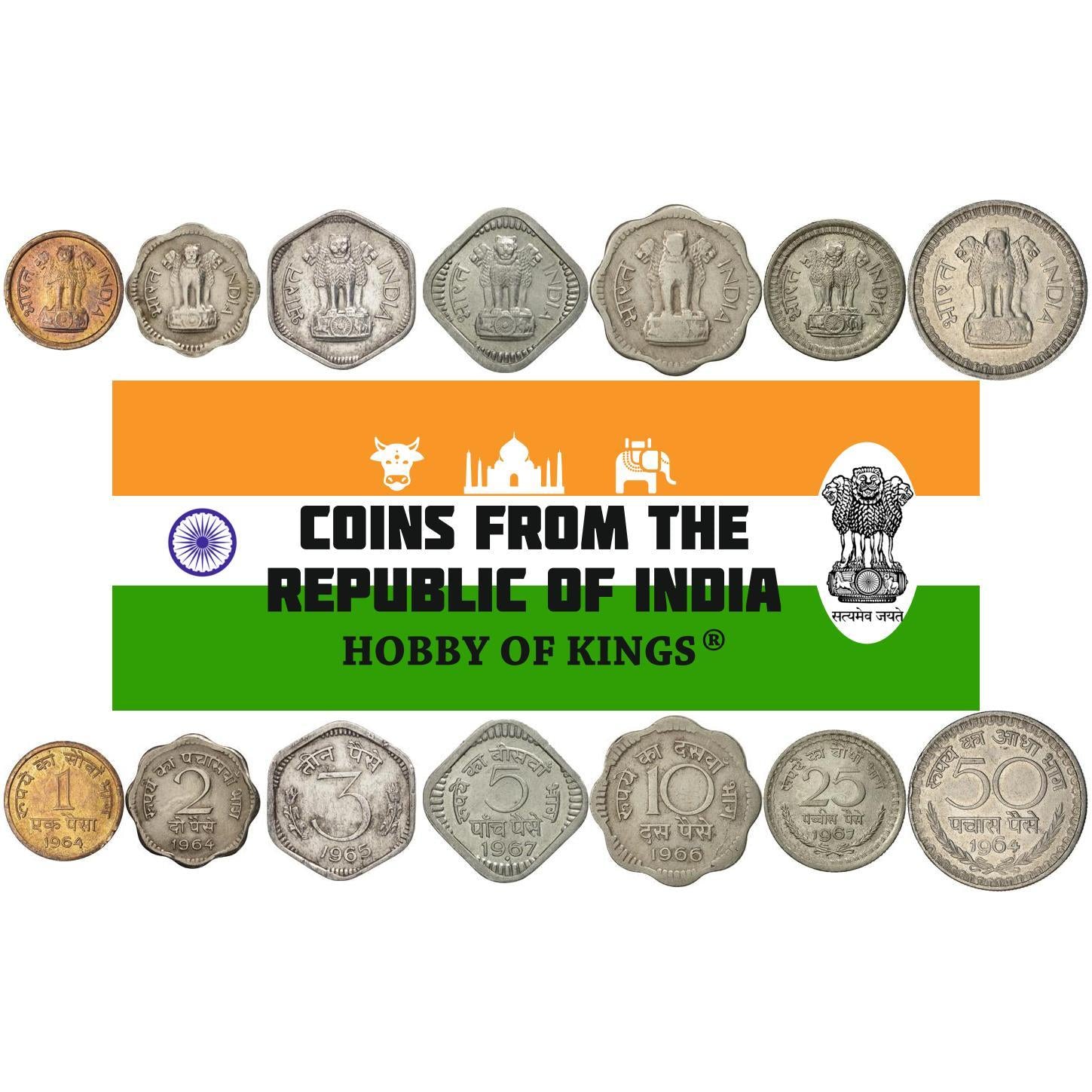 India | 7 Coin Set | 1 2 3 5 10 25 50 Paisa | 1964 - 1972