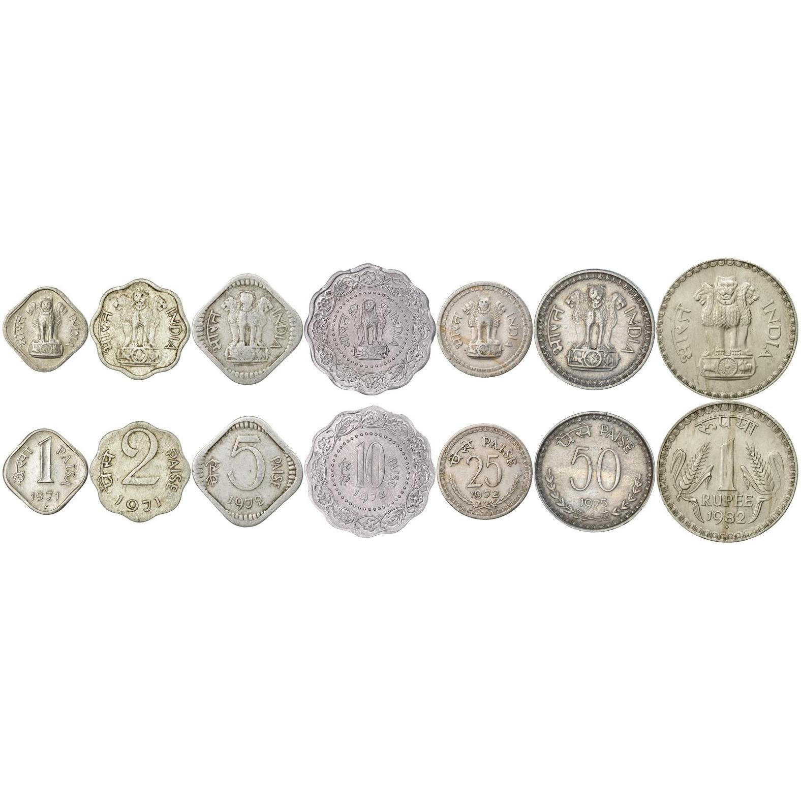 India | 7 Coin Set | 1 2 5 10 25 50 Paisa 1 Rupee | 1971 - 1984